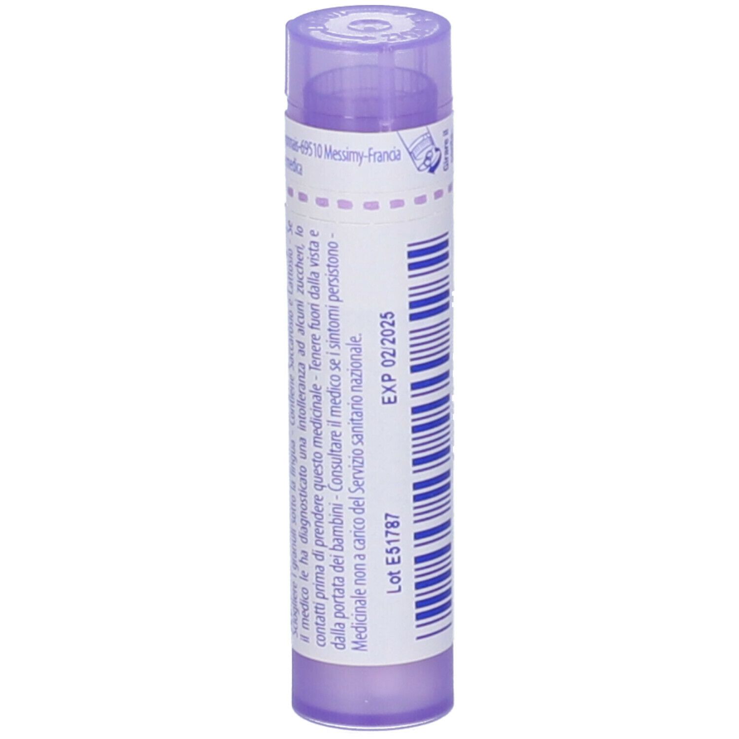 Confezione cilindrica viola. Testo su etichetta bianca. Scritta: EXP 02/2025, Lot E51787.