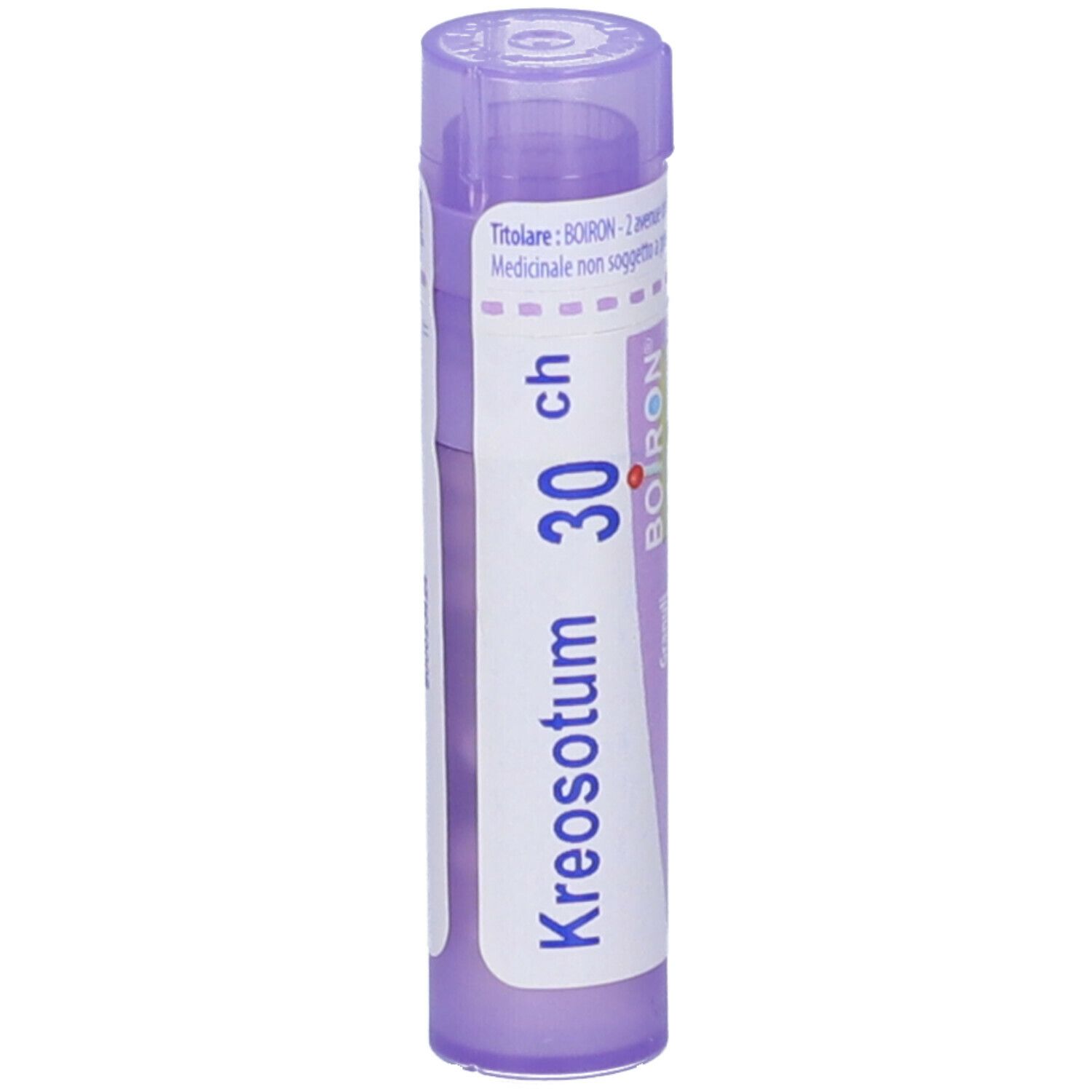 Confezione cilindrica viola. Scritta: Kreosotum 30 ch, Boiron. Etichetta bianca.