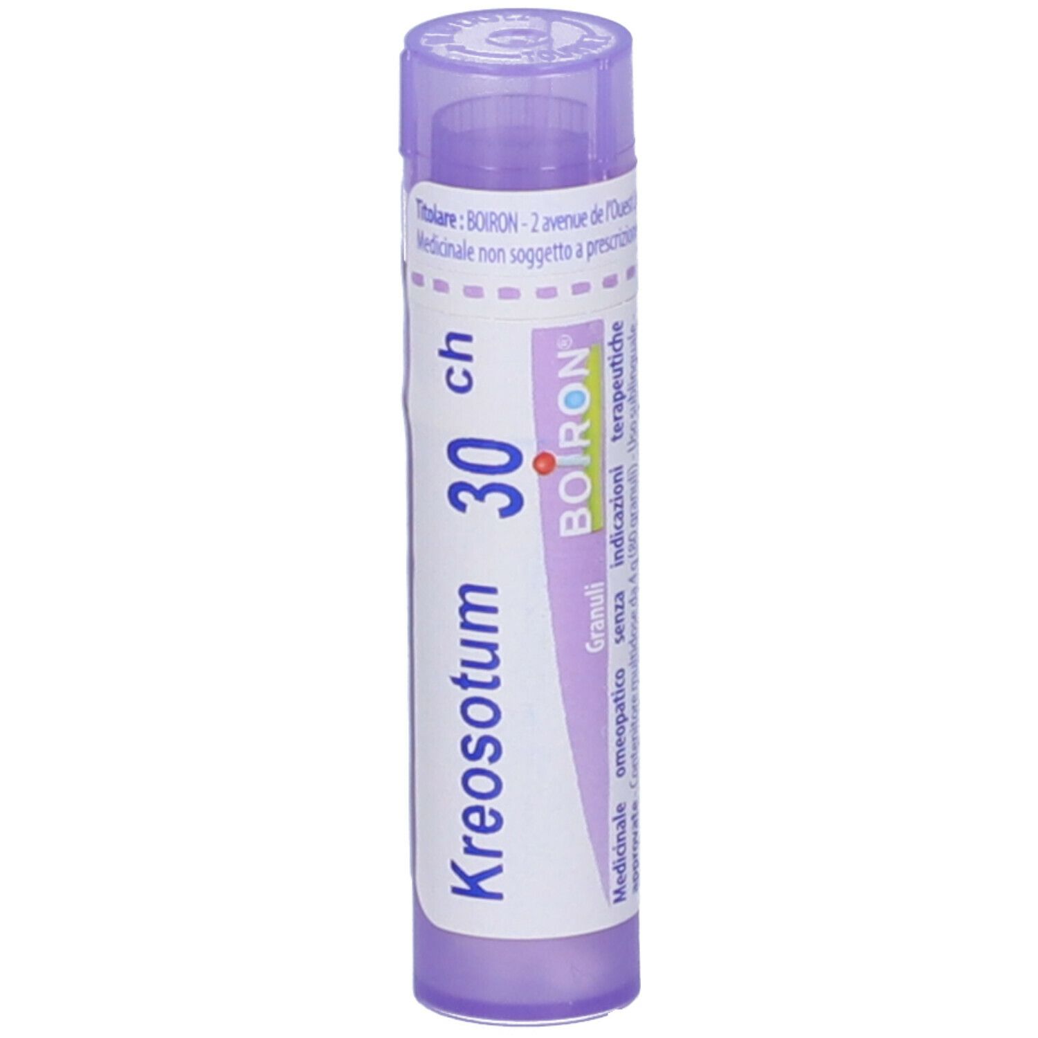 Confezione cilindrica viola. Scritta: Kreosotum 30 ch, Boiron, Granuli. Etichetta bianca.