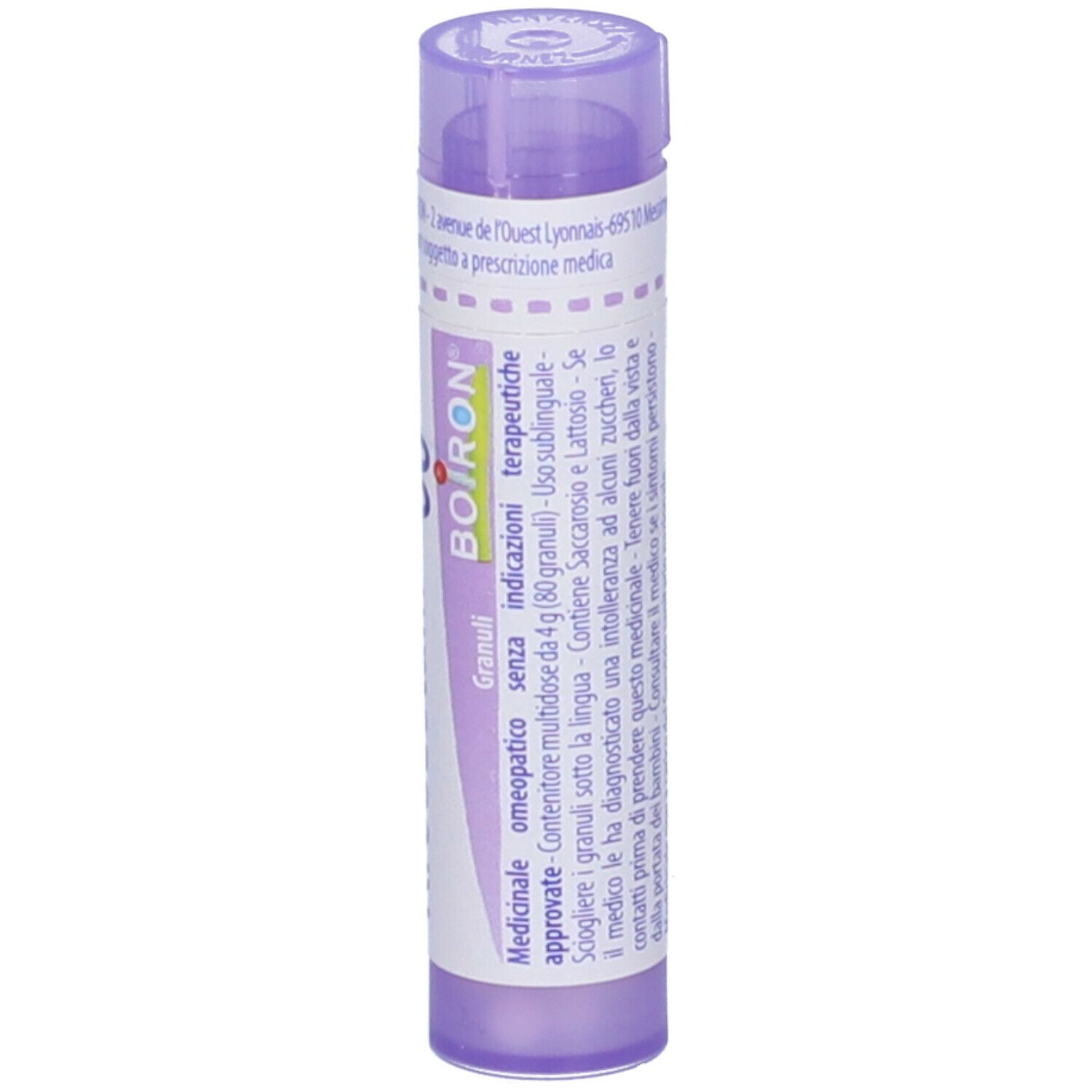 Confezione cilindrica viola. Scritta: Boiron, Granuli, indicazioni terapeutiche. Etichetta bianca.