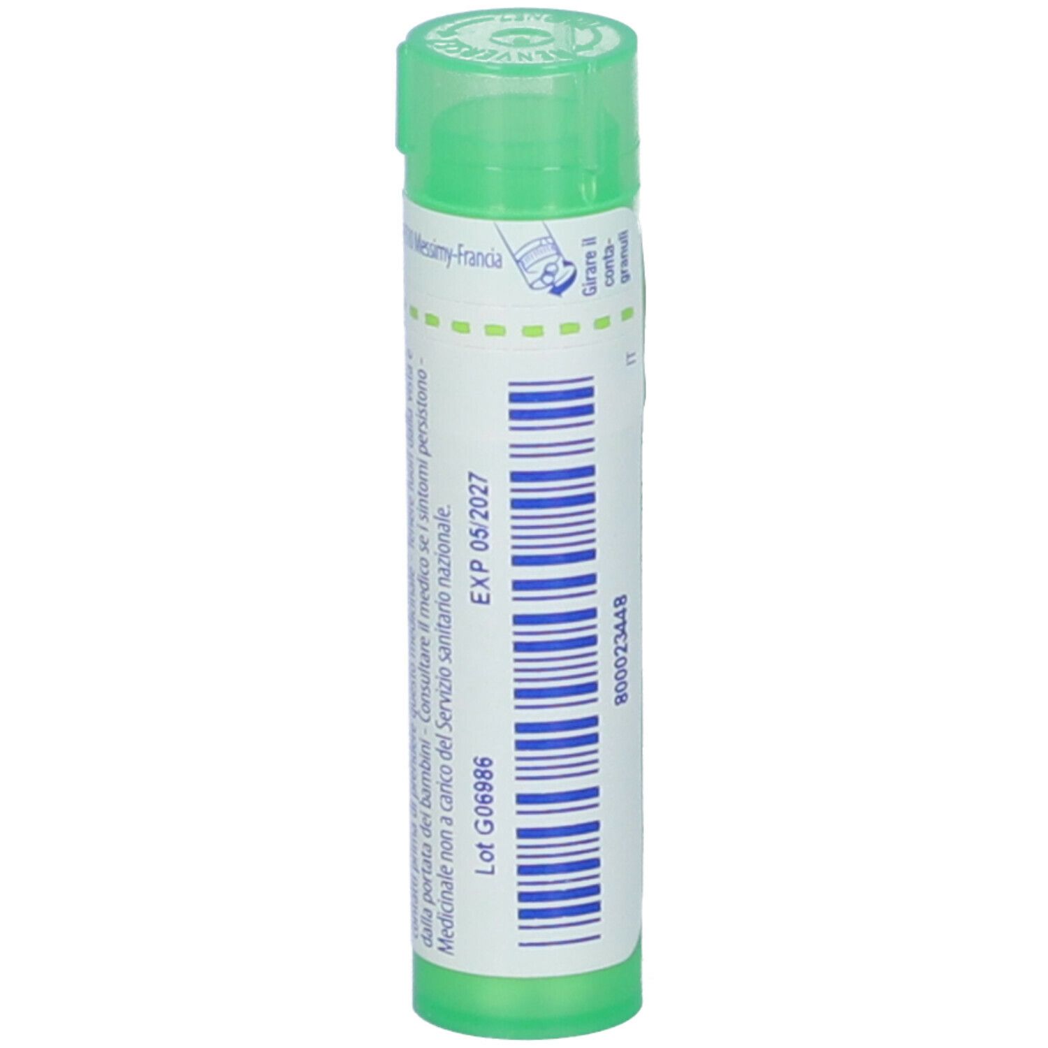 Tubo verde con etichetta bianca. Scritta: EXP 05/2027, Lot G06986. Tappo verde. Vista dettagliata.