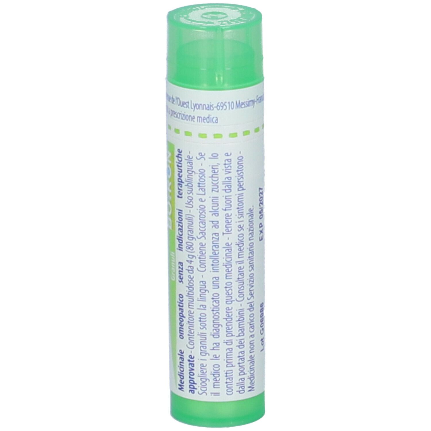 Tubo verde con etichetta bianca. Scritta: EXP 05/2027. Tappo verde. Vista dettagliata.