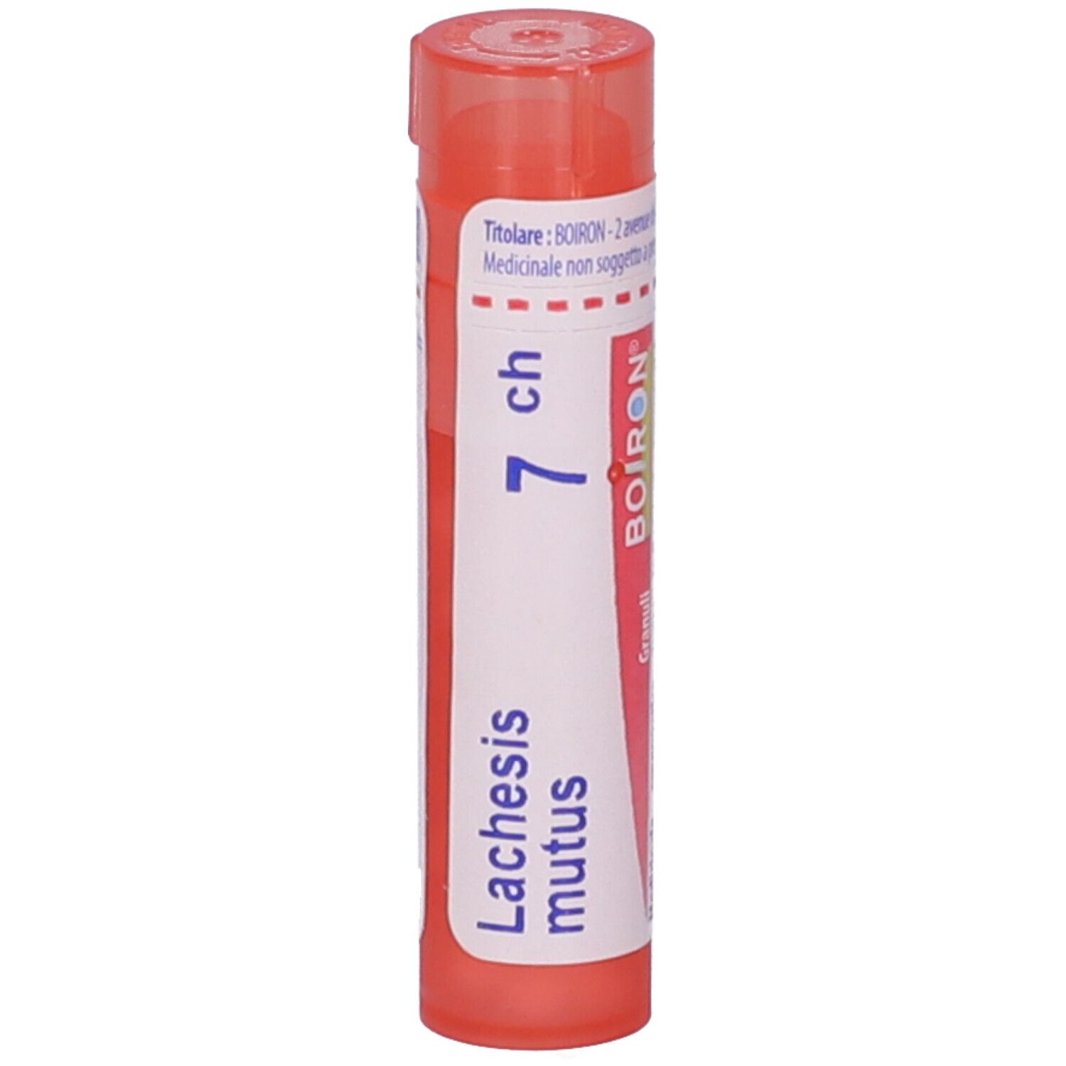 Confezione cilindrica rosa con etichetta 'Lachesis mutus 7 ch' e logo 'BOIRON'.