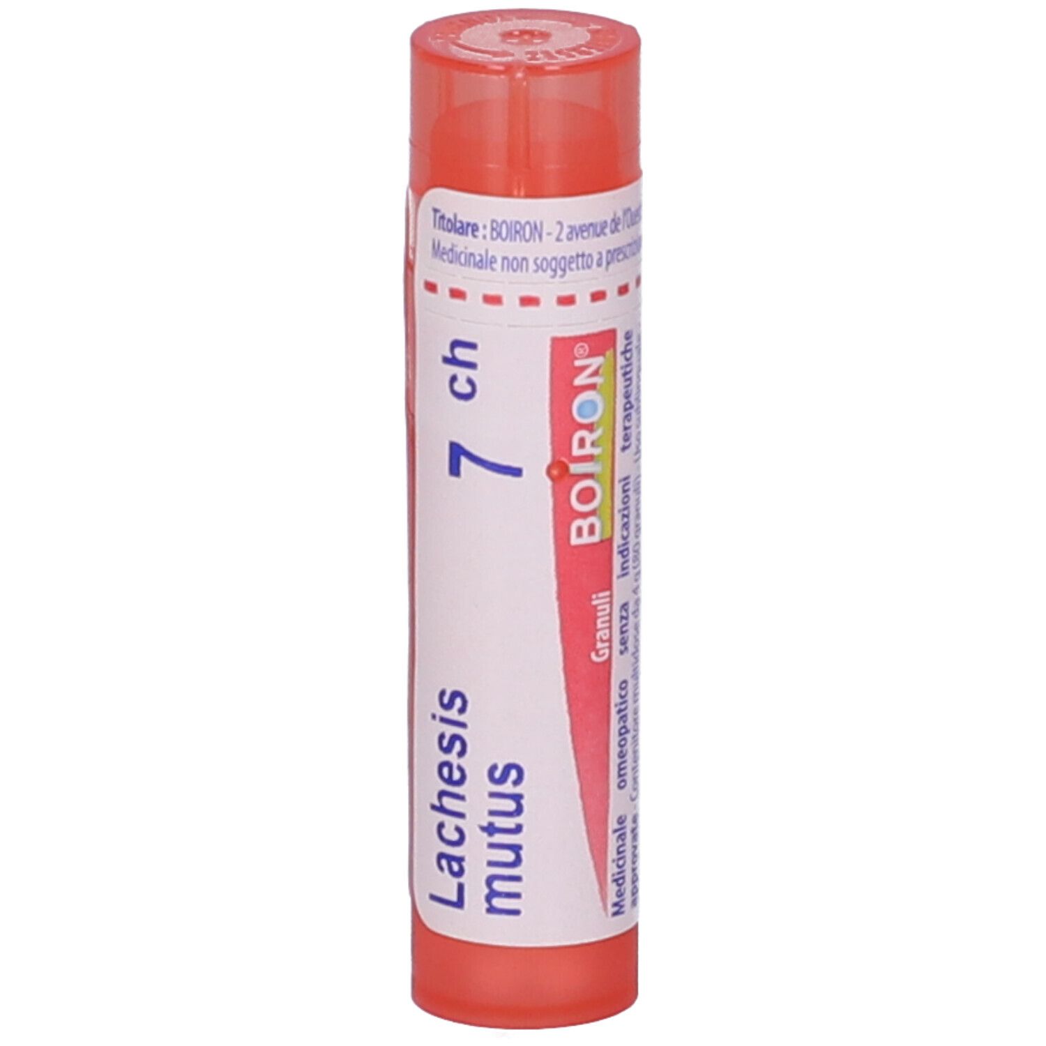 Confezione cilindrica rosa con 'Lachesis mutus 7 ch' e logo 'BOIRON'.