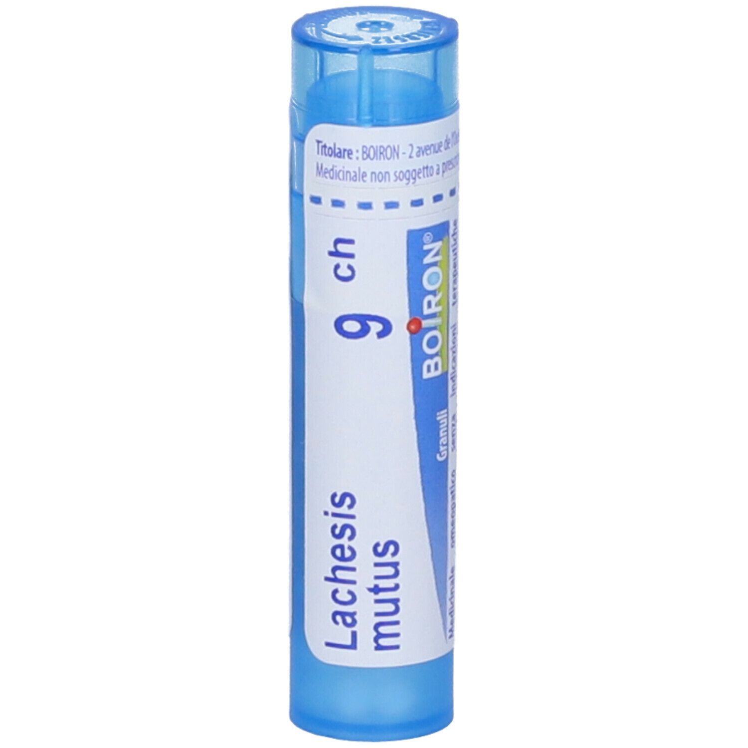 Confezione cilindrica blu. Scritta: Lachesis mutus 9 ch, BOIRON. Con tappo blu.