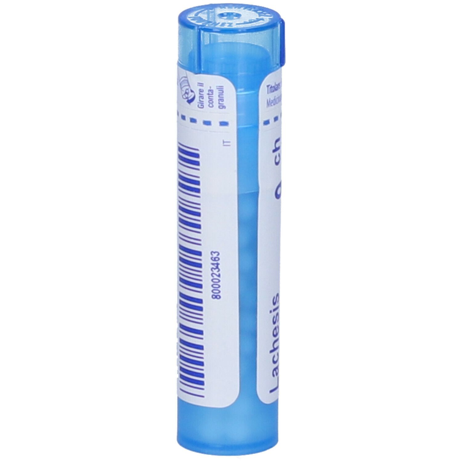 Confezione cilindrica blu. Scritta: Lachesis mutus 9 ch, BOIRON. Con codice a barre e IT.