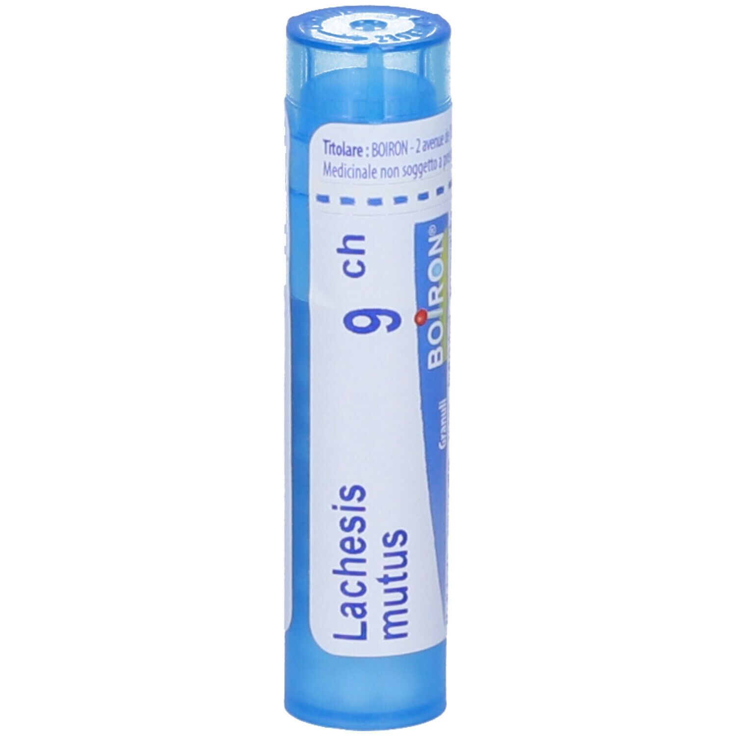 Confezione cilindrica blu. Scritta: Lachesis mutus 9 ch, BOIRON. Con tappo blu.