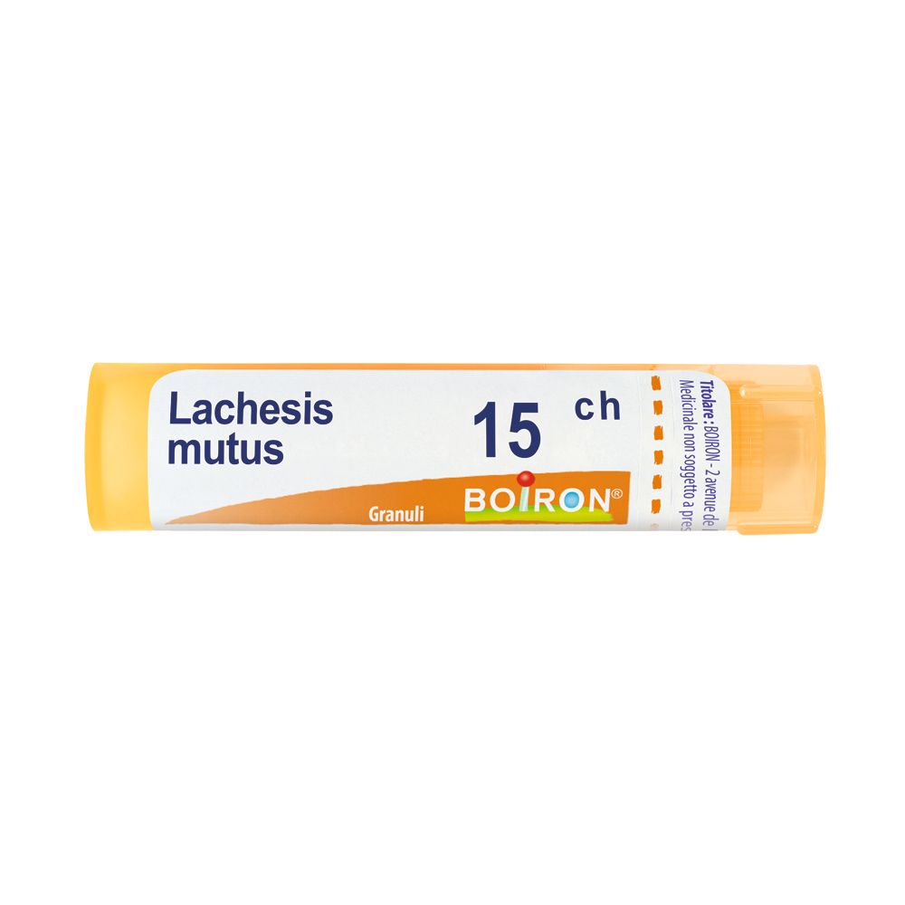 Confezione cilindrica di BOIRON® Lachesis mutus 15 CH Granuli. Tappo e etichetta gialli con informazioni sul prodotto.
