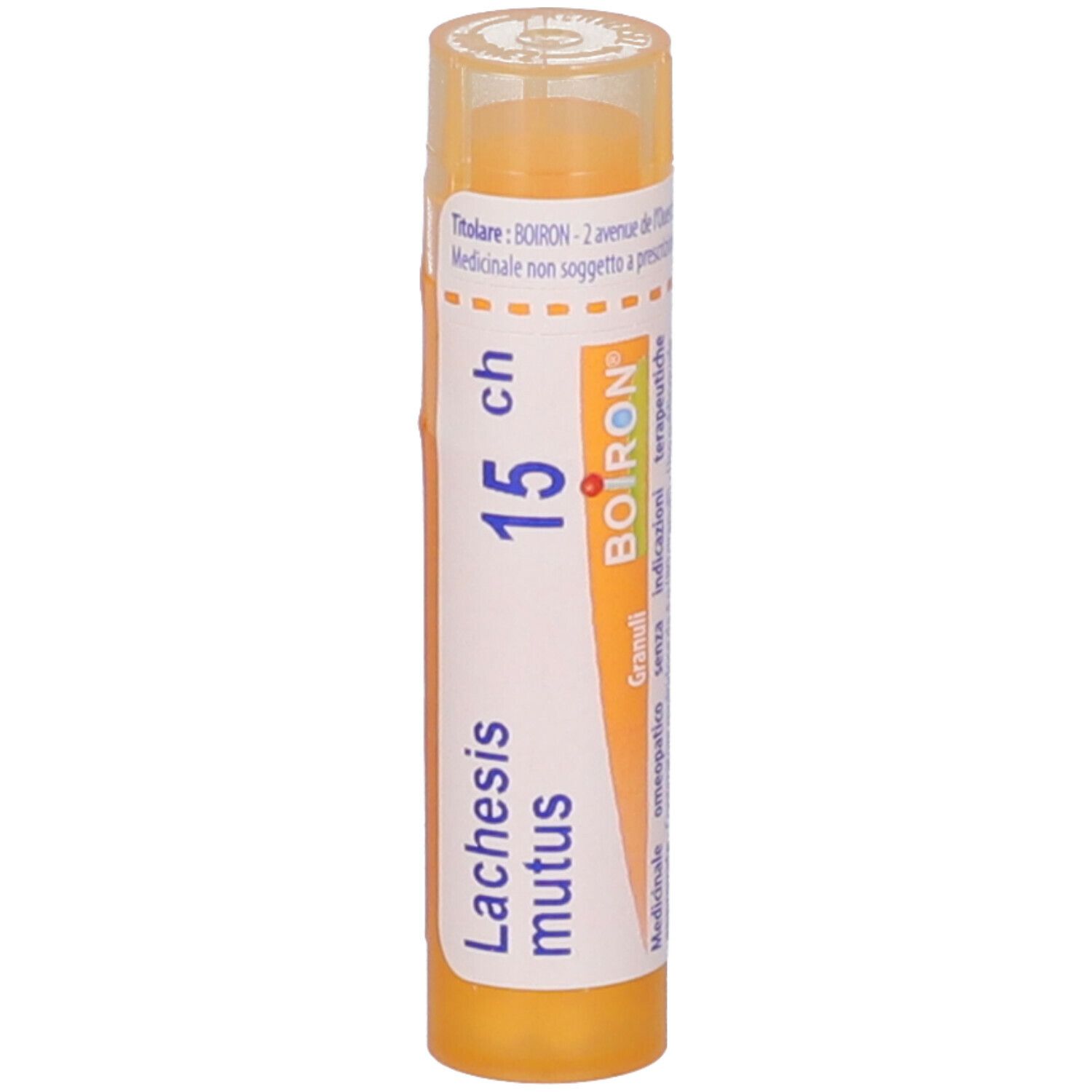 Confezione cilindrica BOIRON® Lachesis mutus 15 CH Granuli. Gialla, con informazioni sull'etichetta. Visibile: 15 ch, BOIRON.