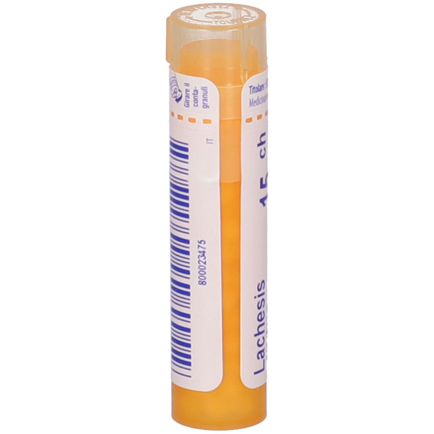 Confezione cilindrica BOIRON® Lachesis mutus 15 CH Granuli. Gialla, con codice a barre e informazioni sull'etichetta.