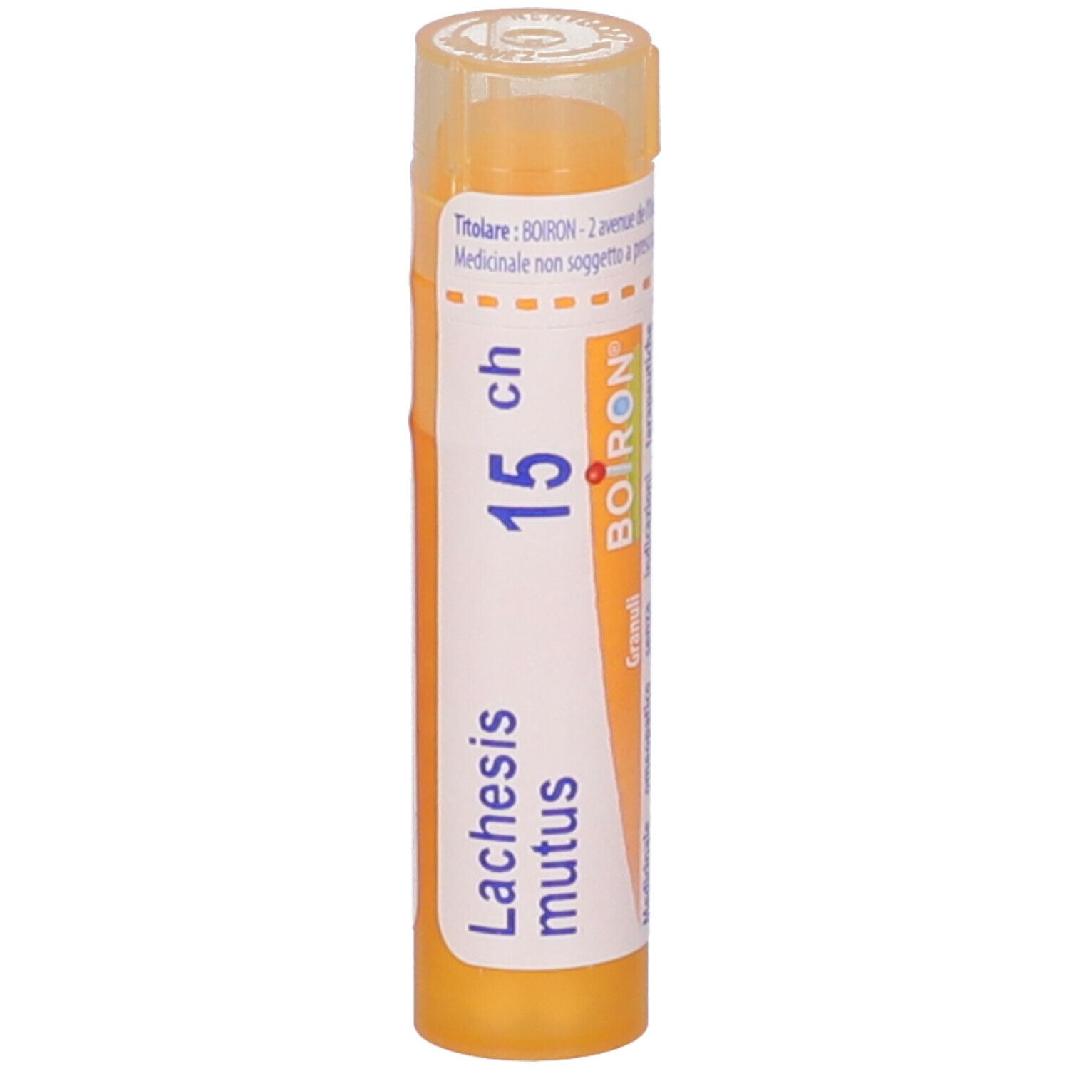Confezione cilindrica BOIRON® Lachesis mutus 15 CH Granuli. Gialla, con informazioni sull'etichetta. Visibile: 15 ch, BOIRON.