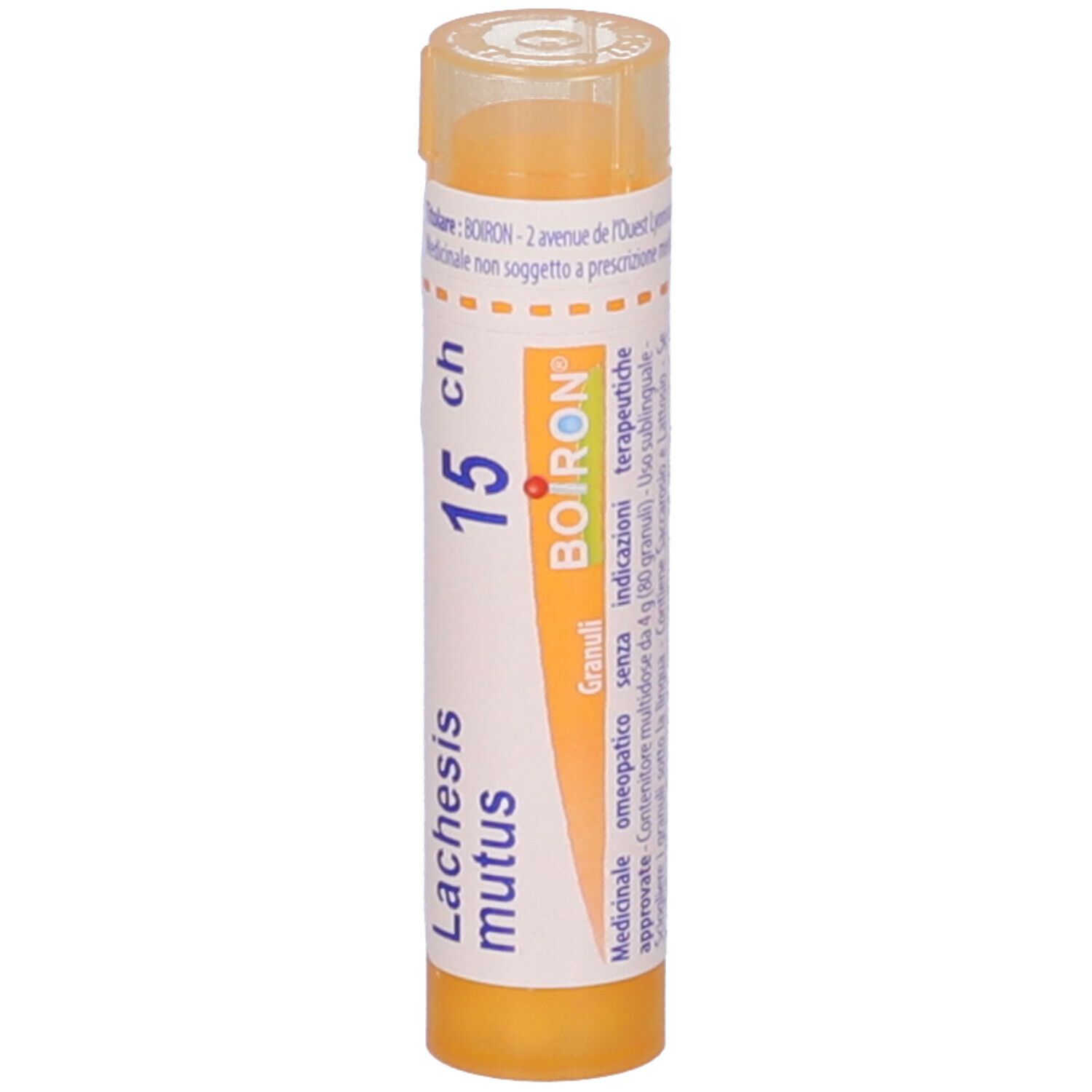 Confezione cilindrica BOIRON® Lachesis mutus 15 CH Granuli. Gialla, con informazioni sull'etichetta. Visibile: 15 ch, BOIRON.