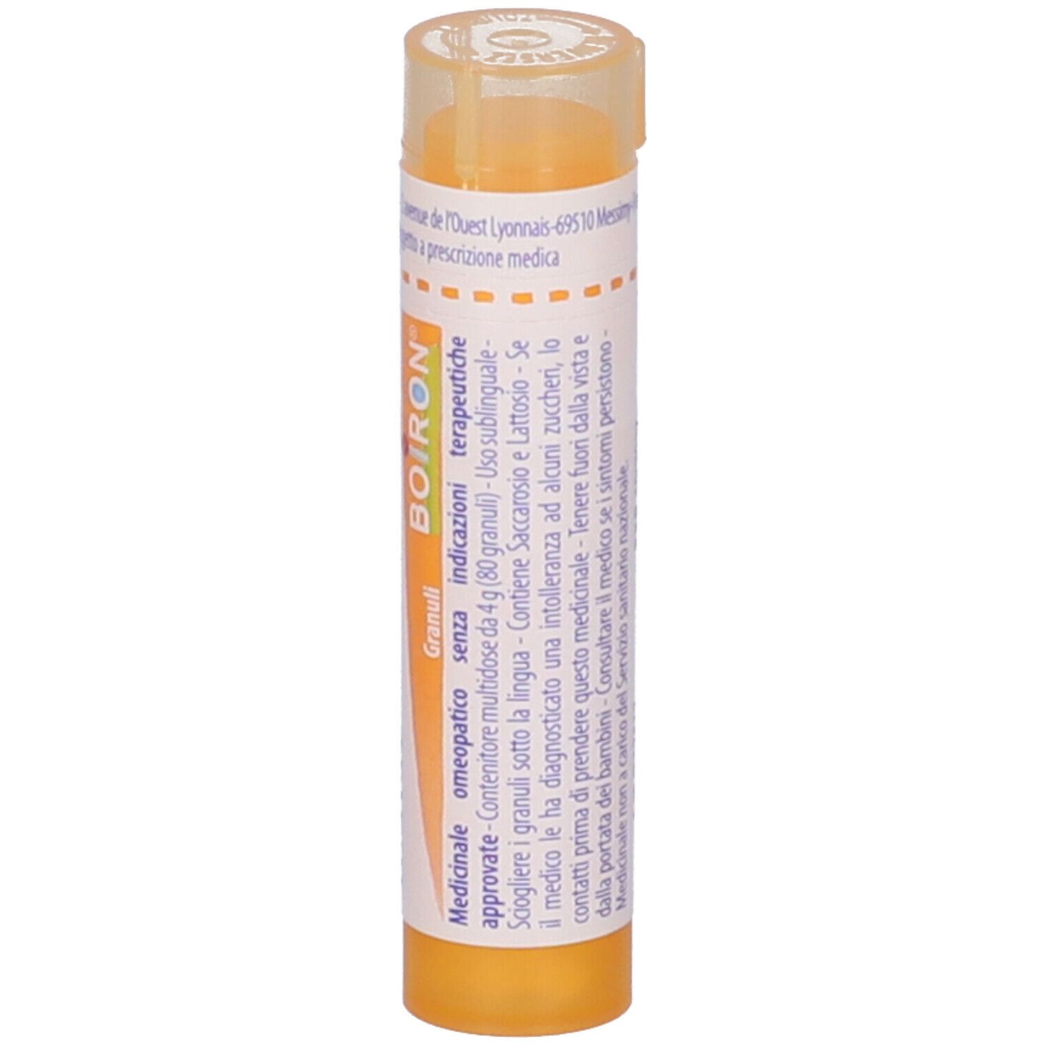 Confezione cilindrica BOIRON® Lachesis mutus 15 CH Granuli. Gialla, con informazioni sull'etichetta. Visibile: BOIRON.
