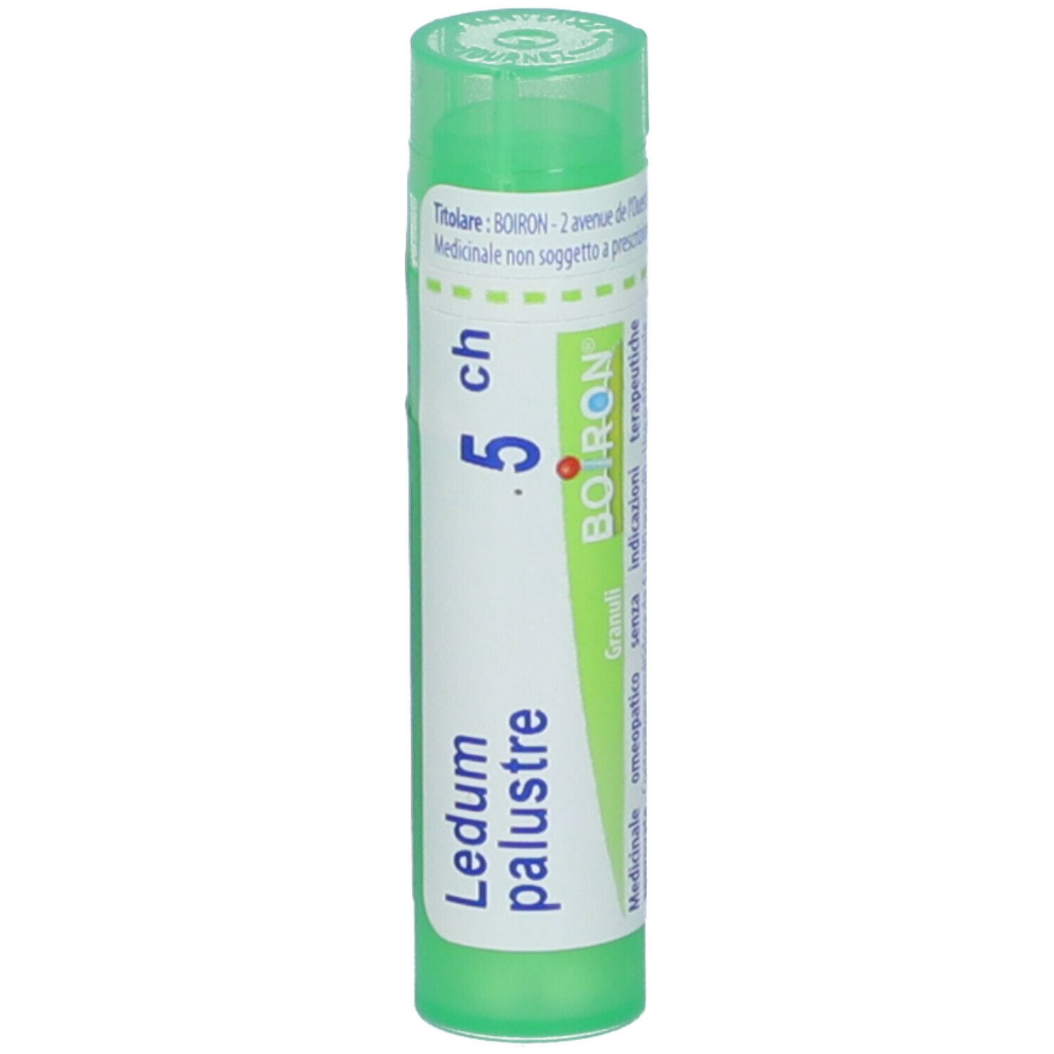 Tubo verde con etichetta bianca. Scritta: Ledum palustre, 5 ch, BOIRON. Granuli.