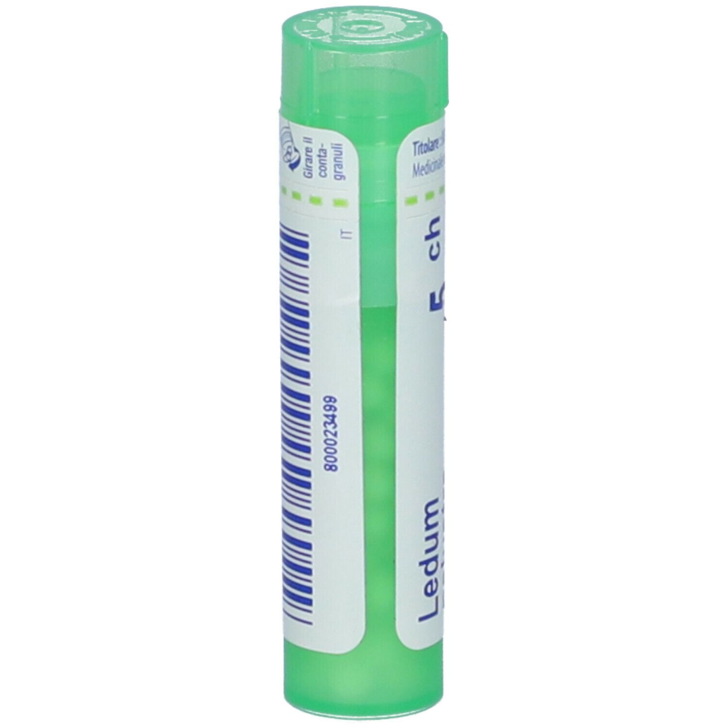 Tubo verde con etichetta bianca. Scritta: Ledum palustre, 5 ch, BOIRON. Granuli.