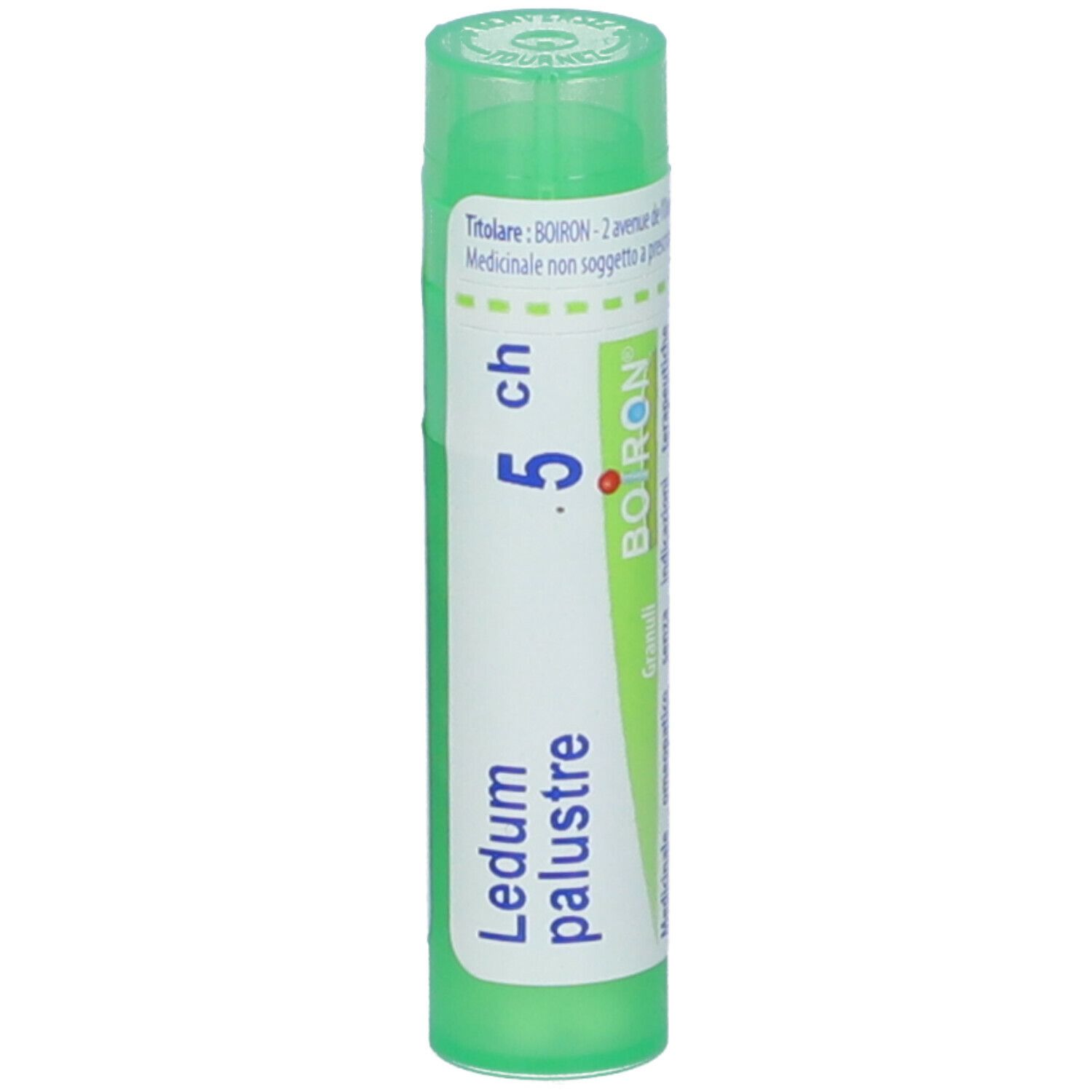 Tubo verde con etichetta bianca. Scritta: Ledum palustre, 5 ch, BOIRON. Granuli.