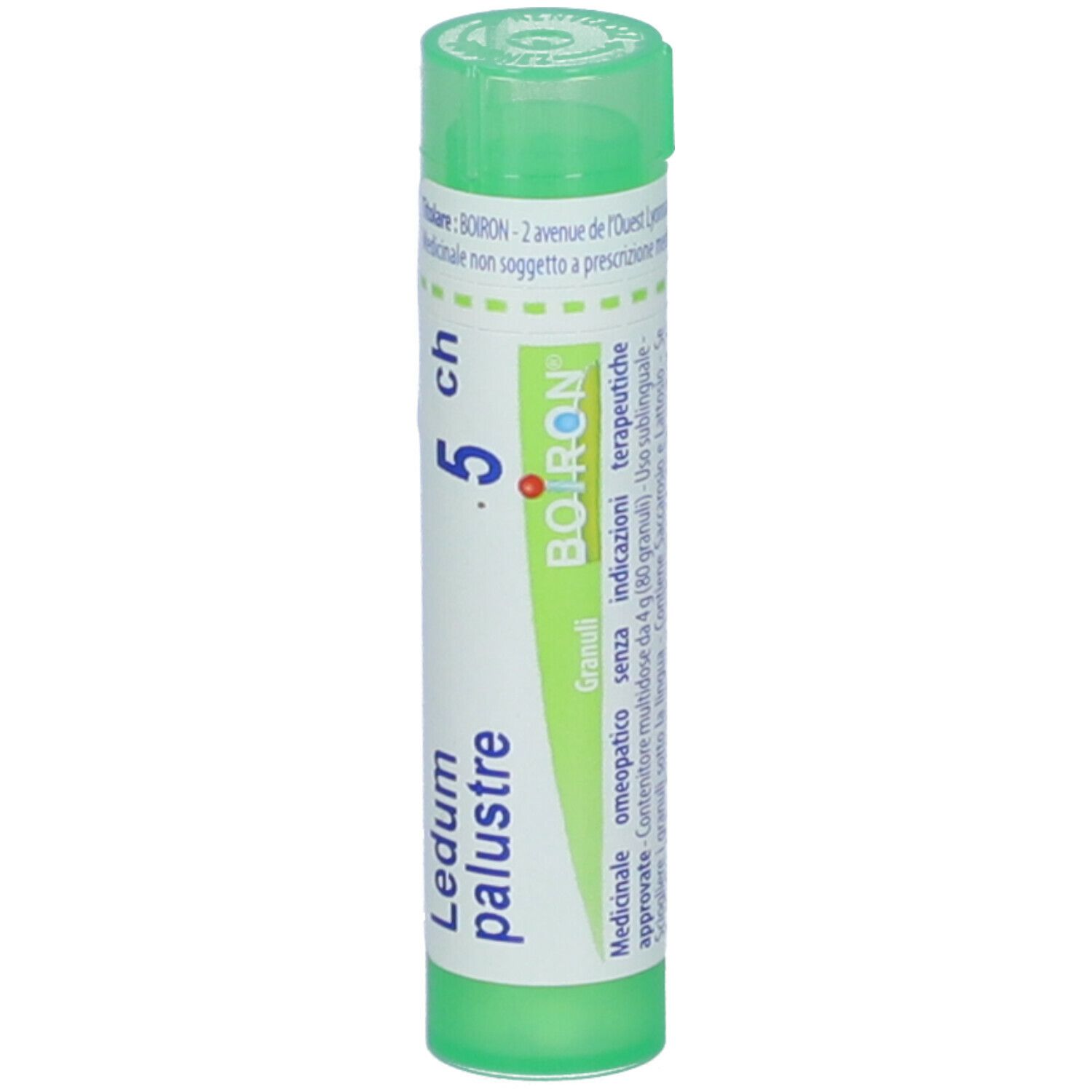 Tubo verde con etichetta bianca. Scritta: Ledum palustre, 5 ch, BOIRON. Granuli.
