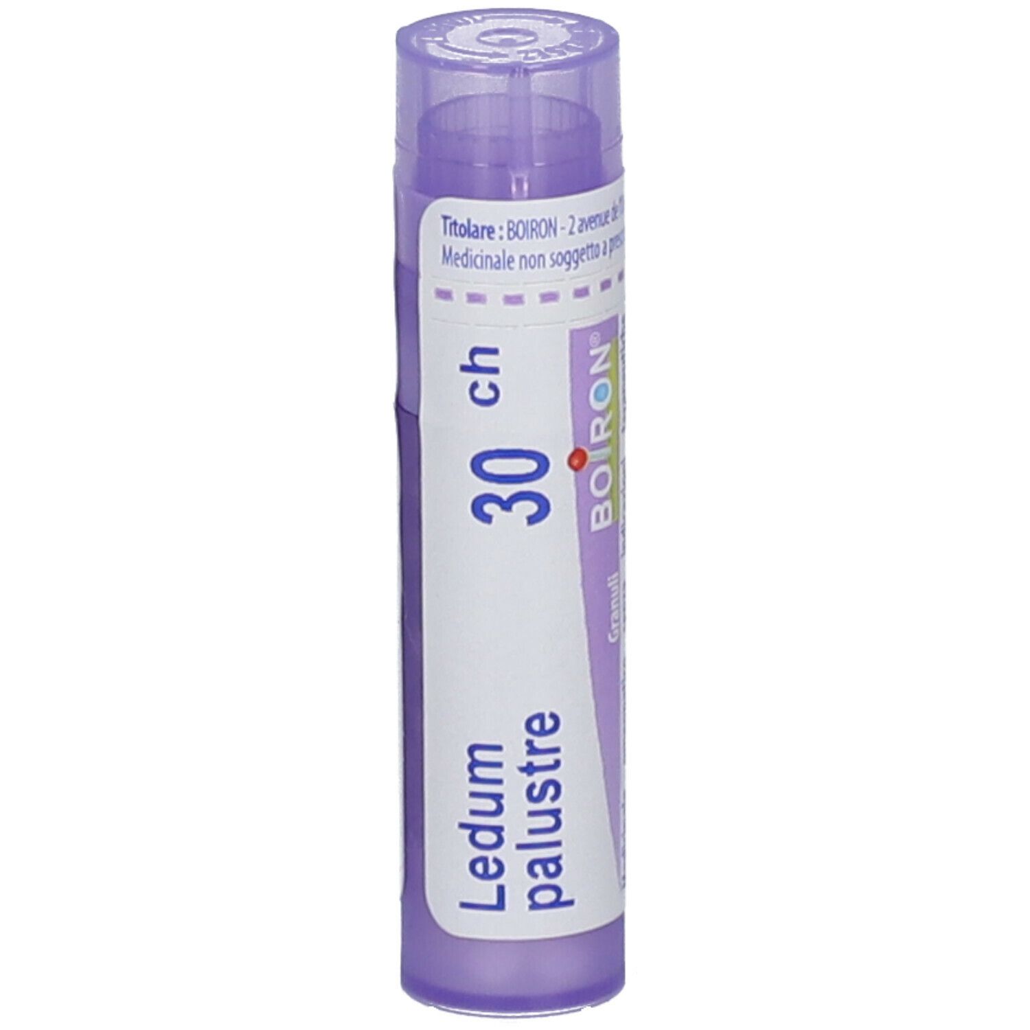 Tubo viola con etichetta bianca. Scritte: Ledum palustre, 30 ch, BOIRON. Coperchio e base trasparenti.