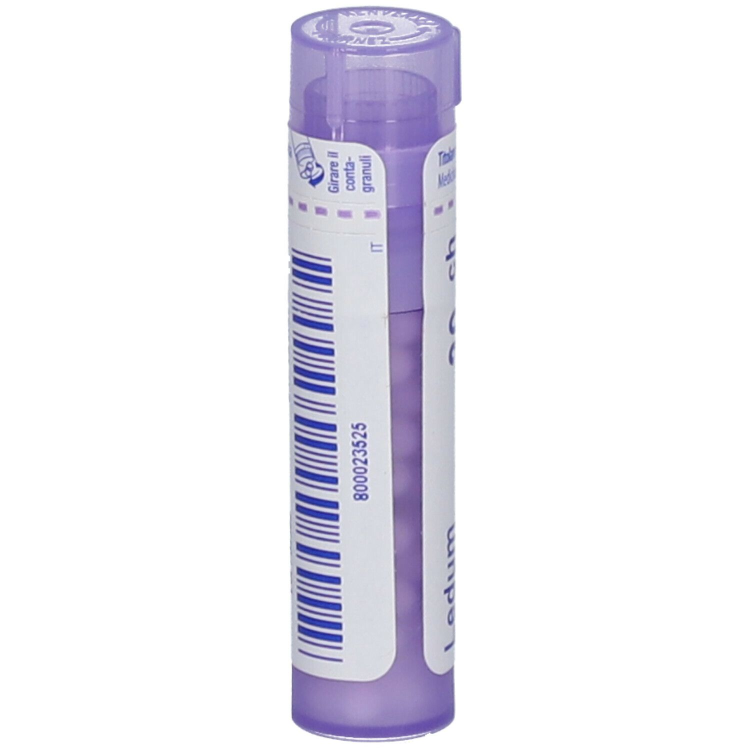 Tubo viola con etichetta bianca. Scritte: Ledum palustre, 30 ch. Codice a barre e numero di lotto stampati.