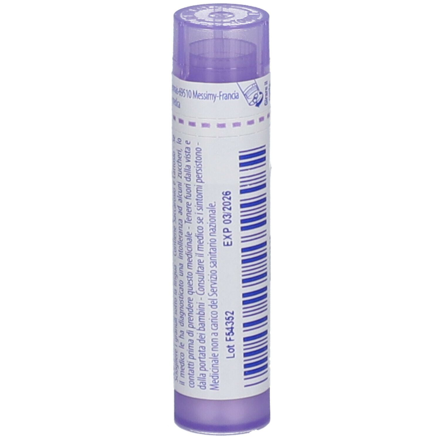 Tubo viola con etichetta bianca. Scritte: Ledum palustre, 30 ch. Scadenza 03/2026. Numero di lotto.