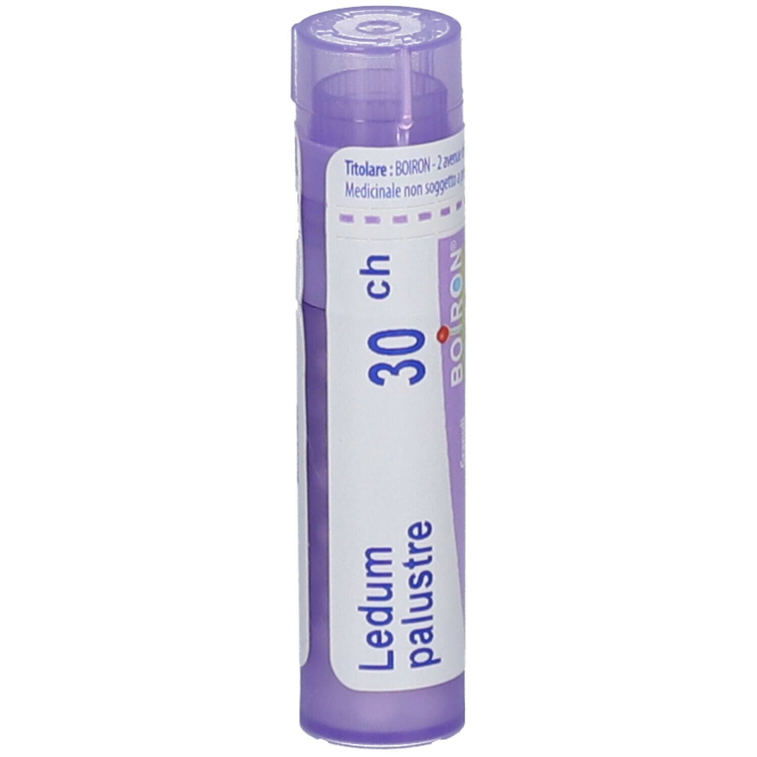 Tubo viola con etichetta bianca. Scritte: Ledum palustre, 30 ch, BOIRON. Coperchio trasparente.