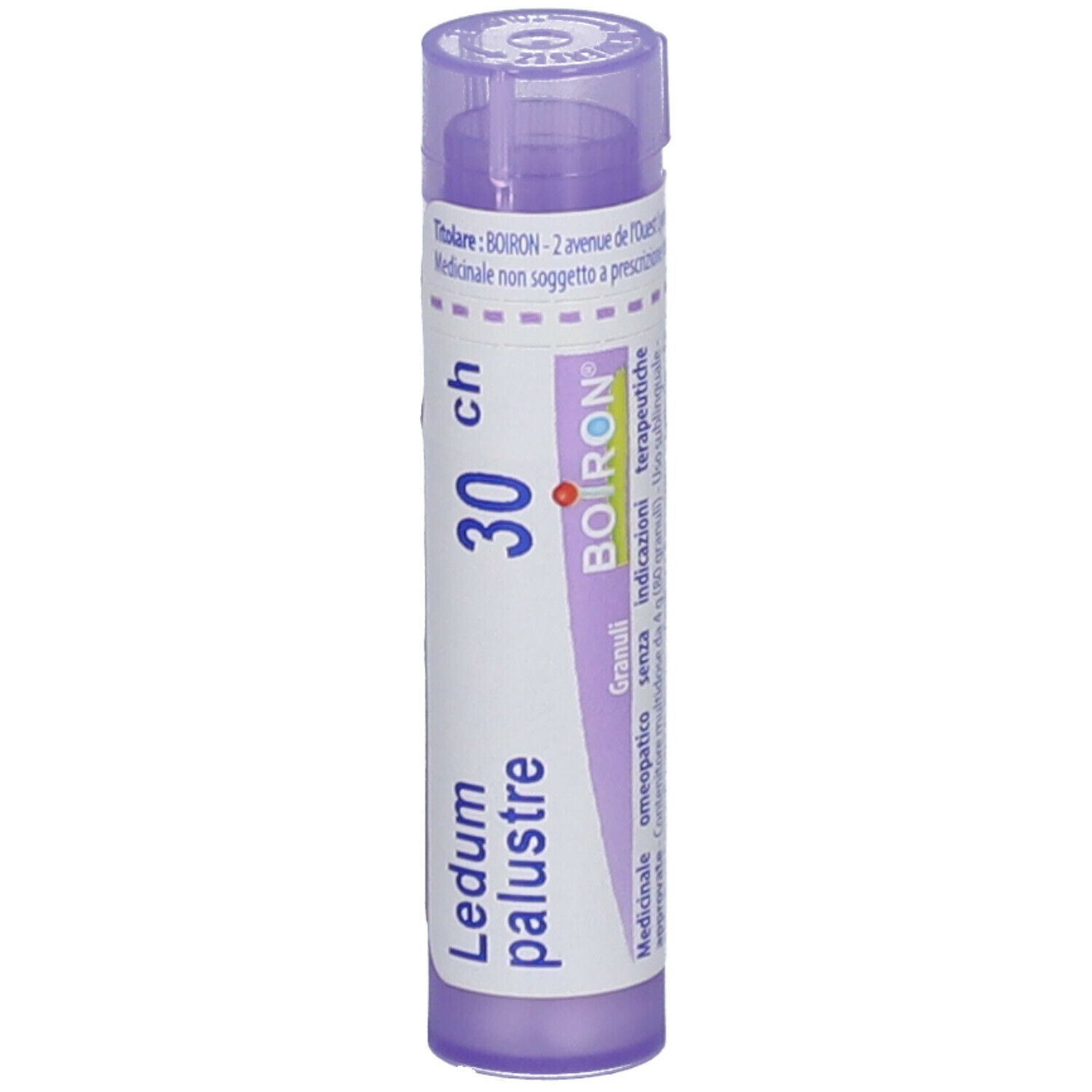 Tubo viola con etichetta bianca. Scritte: Ledum palustre, 30 ch, BOIRON. Informazioni aggiuntive.