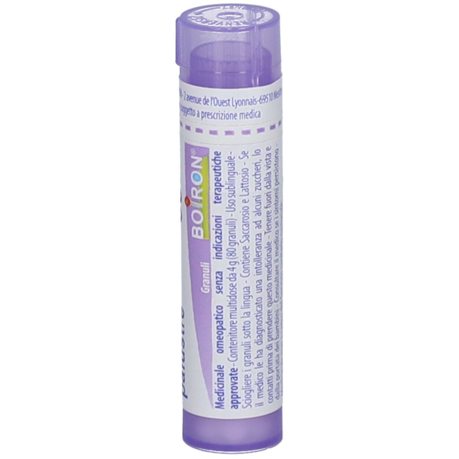 Tubo viola con etichetta bianca. Scritte: Ledum palustre, 30 ch, BOIRON. Informazioni aggiuntive.