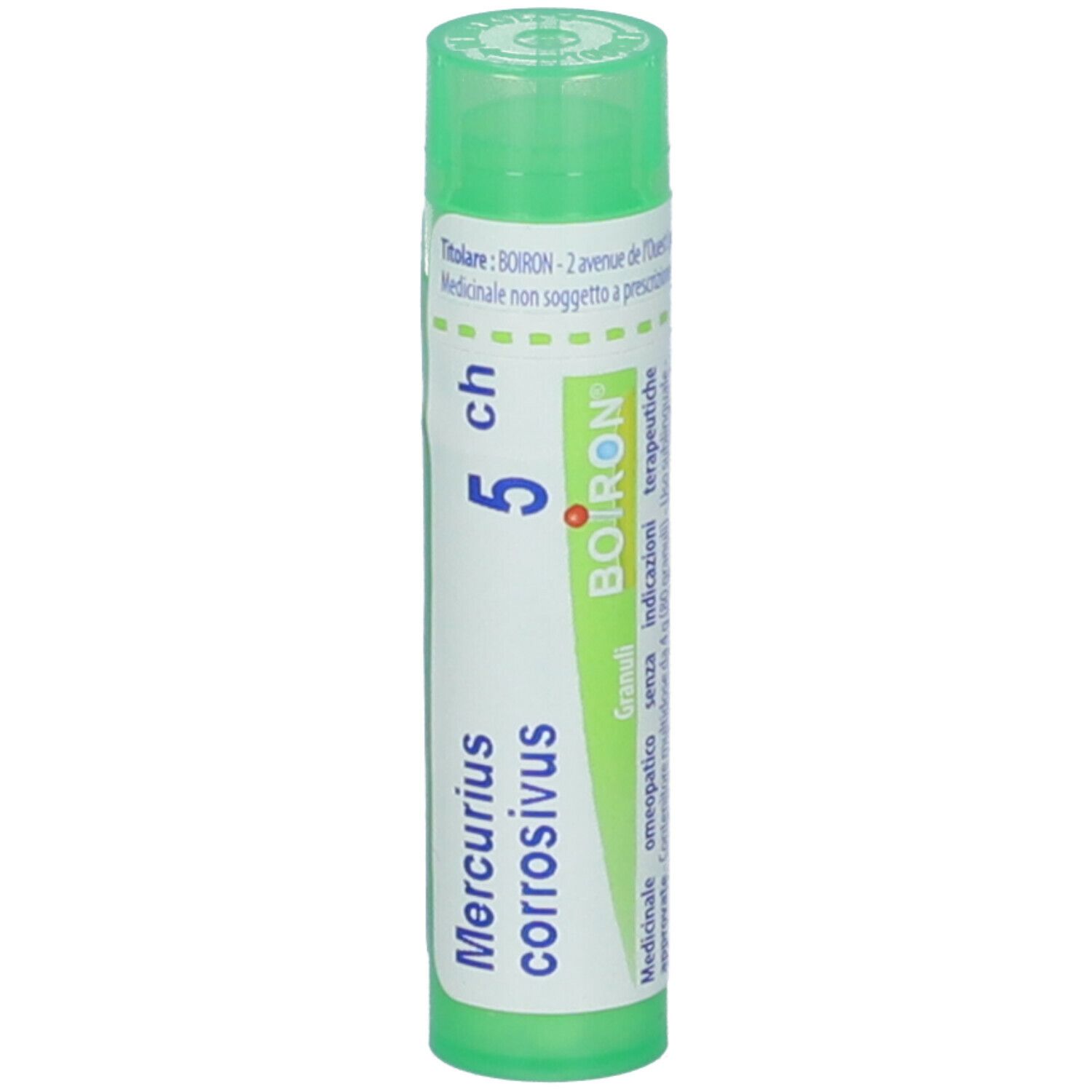 Confezione cilindrica verde. Scritta: Mercurius corrosivus 5 ch, BOIRON. Con etichetta bianca.