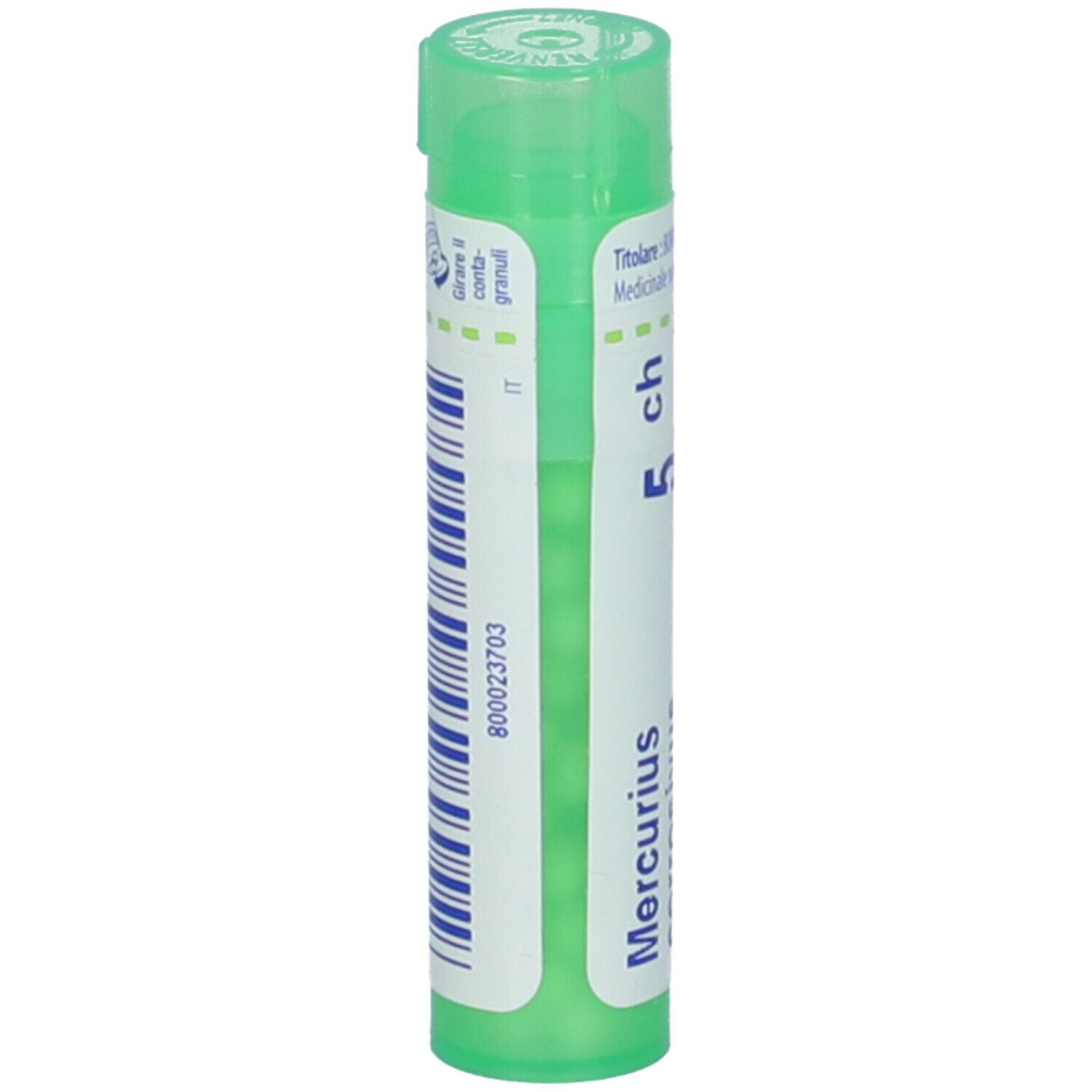 Confezione cilindrica verde. Scritta: Mercurius, 5 ch. Con etichetta bianca e strisce blu.