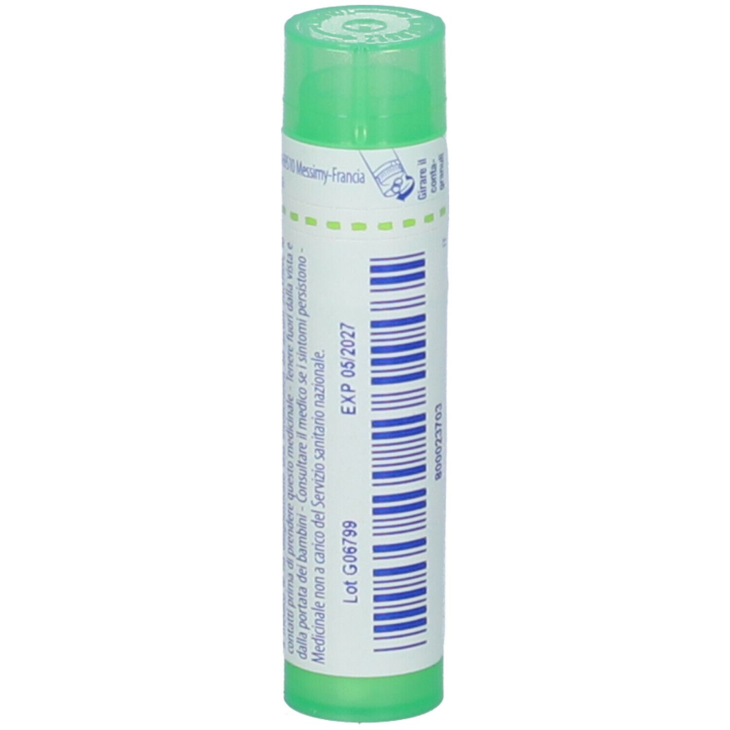 Confezione cilindrica verde. Scritta: EXP 05 2027. Con etichetta bianca e strisce blu.