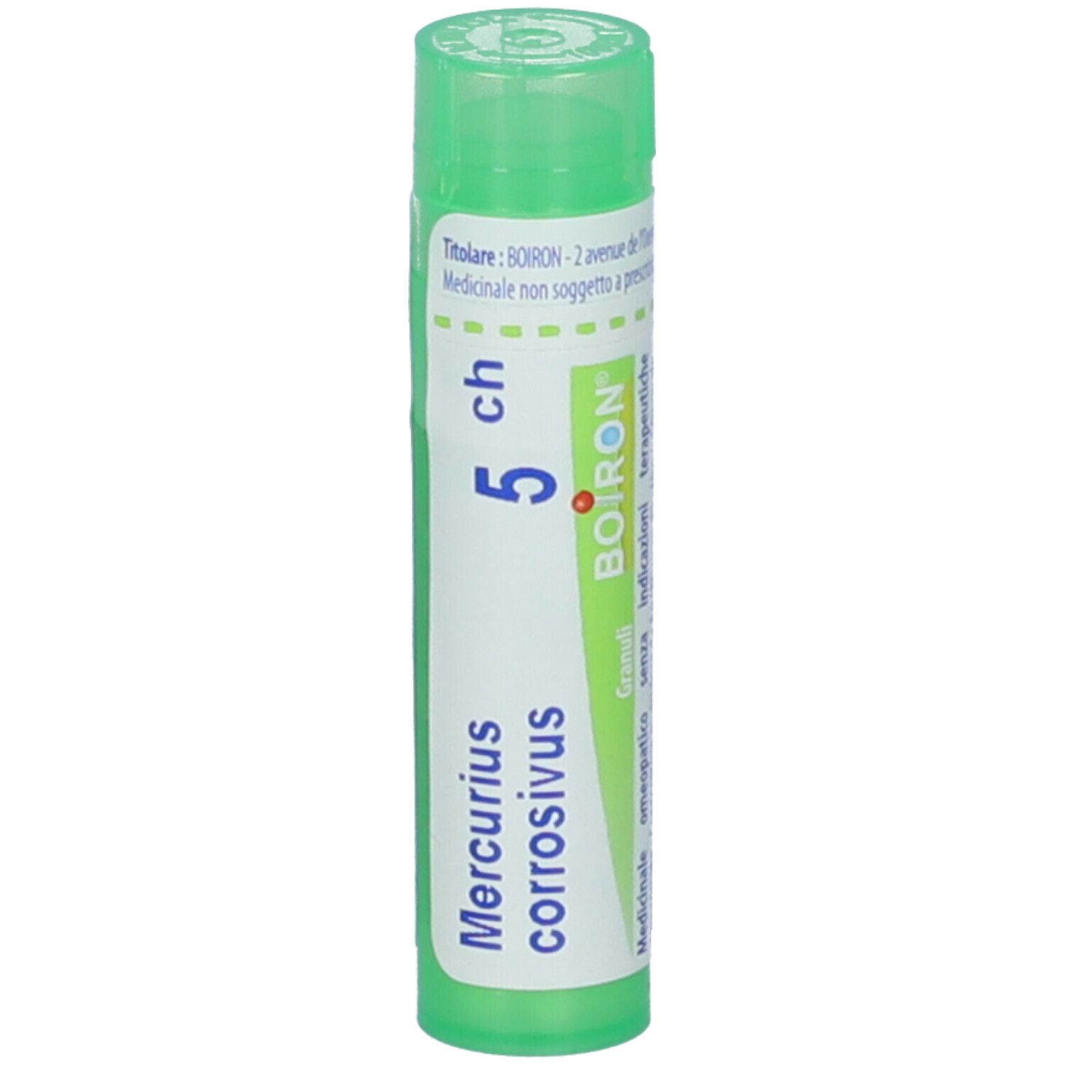 Confezione cilindrica verde. Scritta: Mercurius corrosivus 5 ch, BOIRON. Con etichetta bianca.
