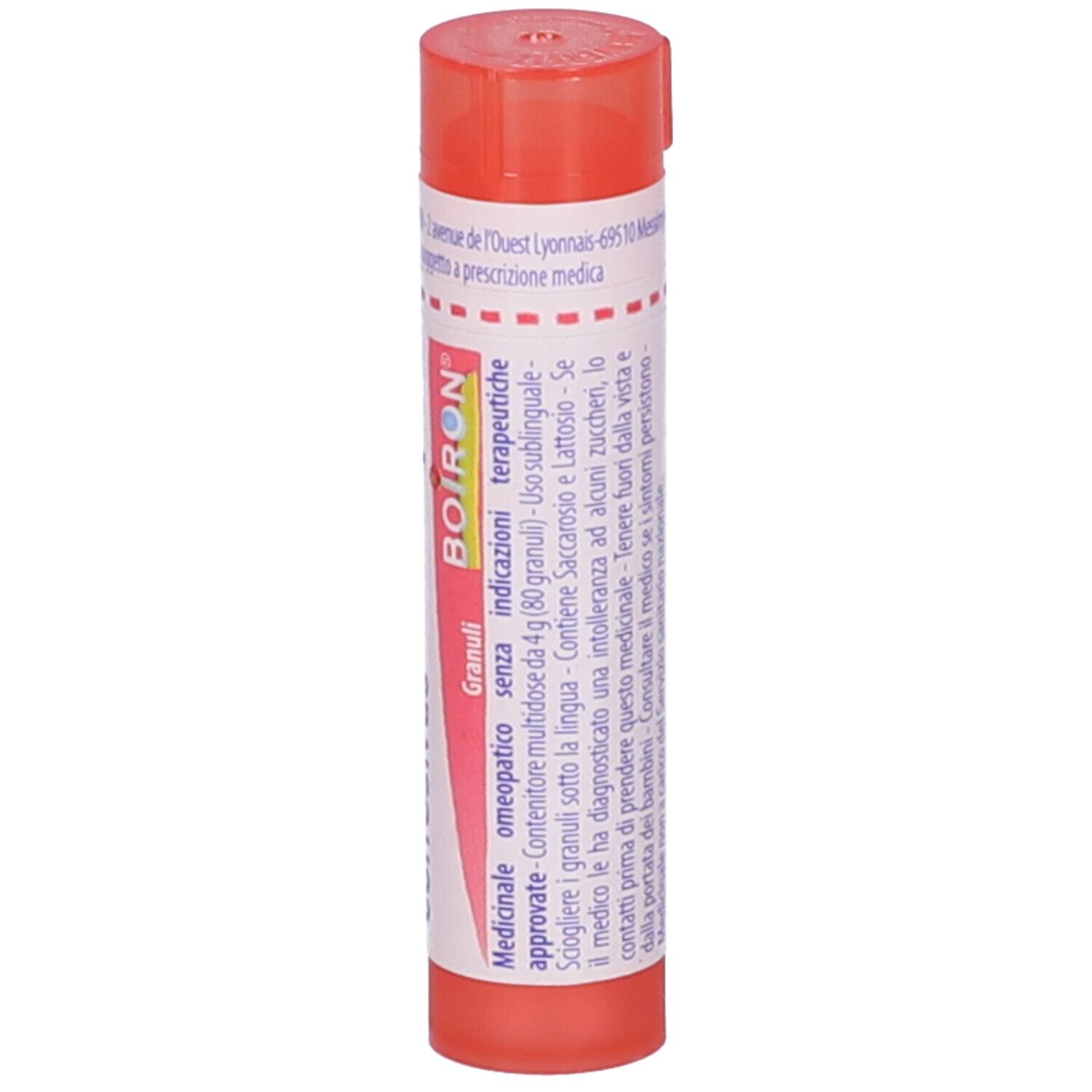 Confezione cilindrica rossa. Scritta BOIRON, Granuli, istruzioni per l'uso. Medicinale.