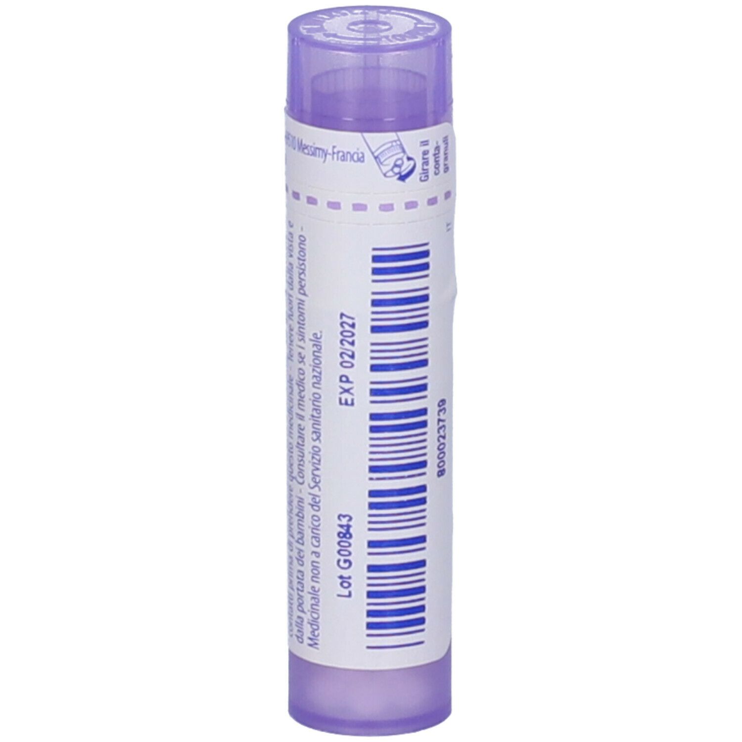 Confezione cilindrica viola. Scritta: EXP 02/2027, Lot G00843. Testo in francese.
