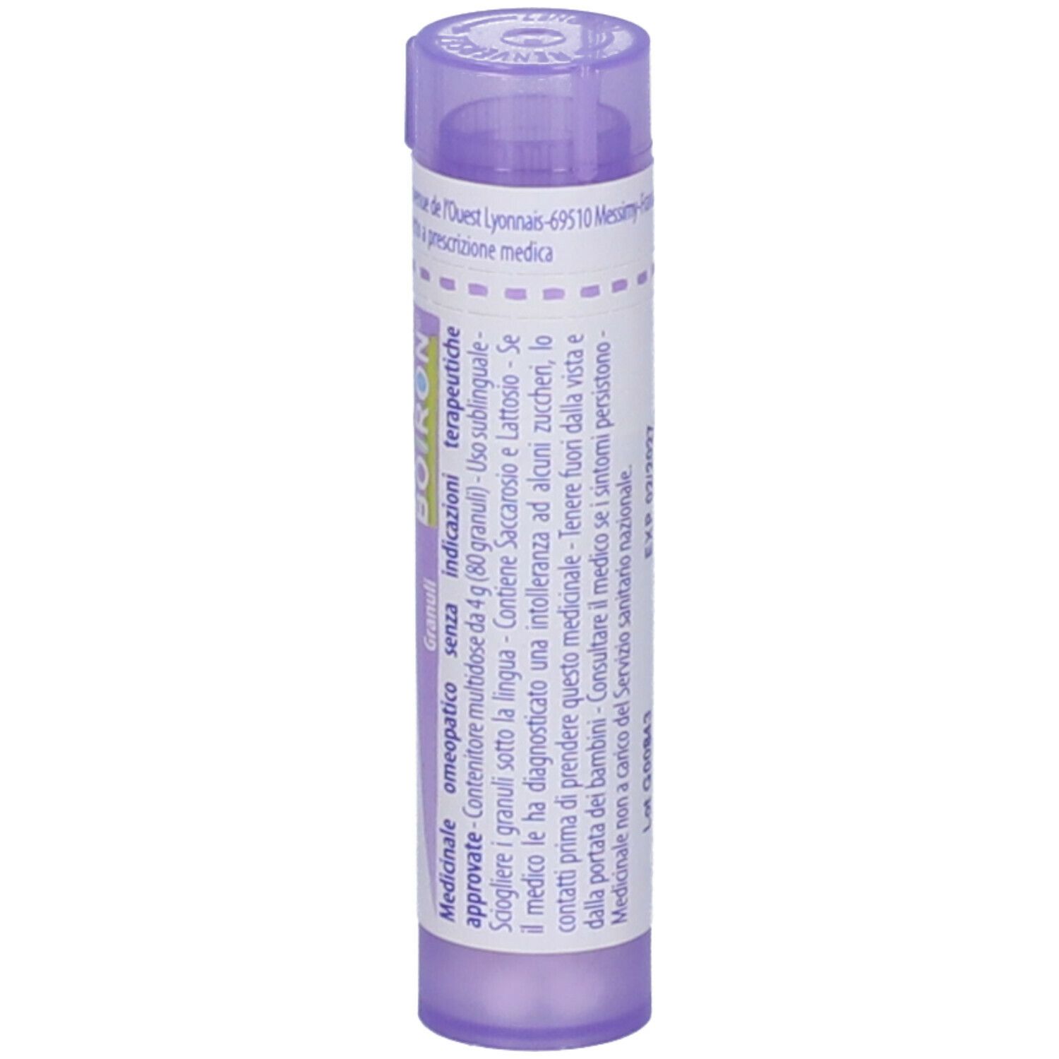 Confezione cilindrica viola. Scritta: BOIRON, Granuli, omeopatico. Testo in francese.