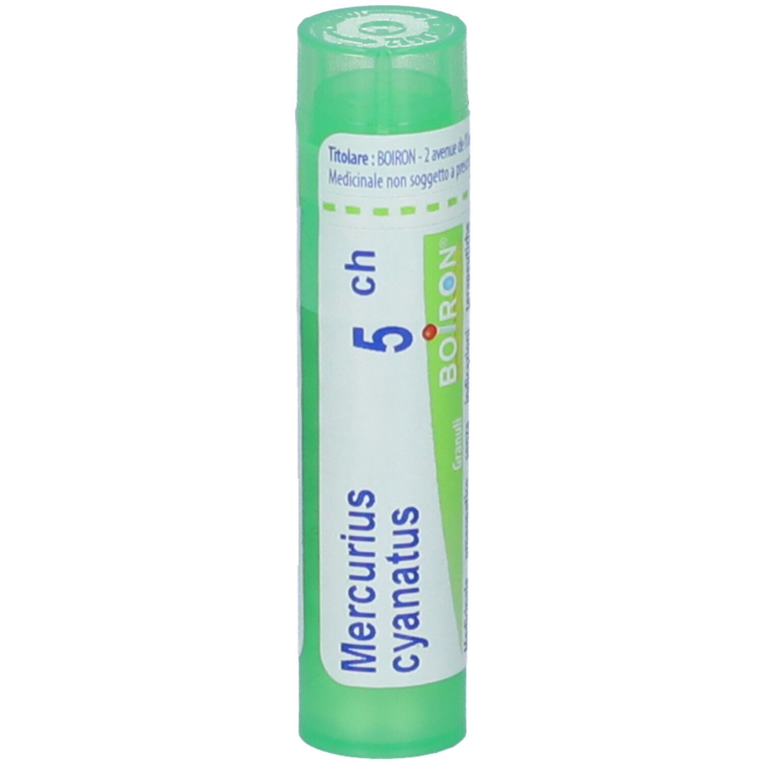 Tubo verde con etichetta bianca. Scritta: Mercurius cyanatus 5 ch. Marchio BOIRON.