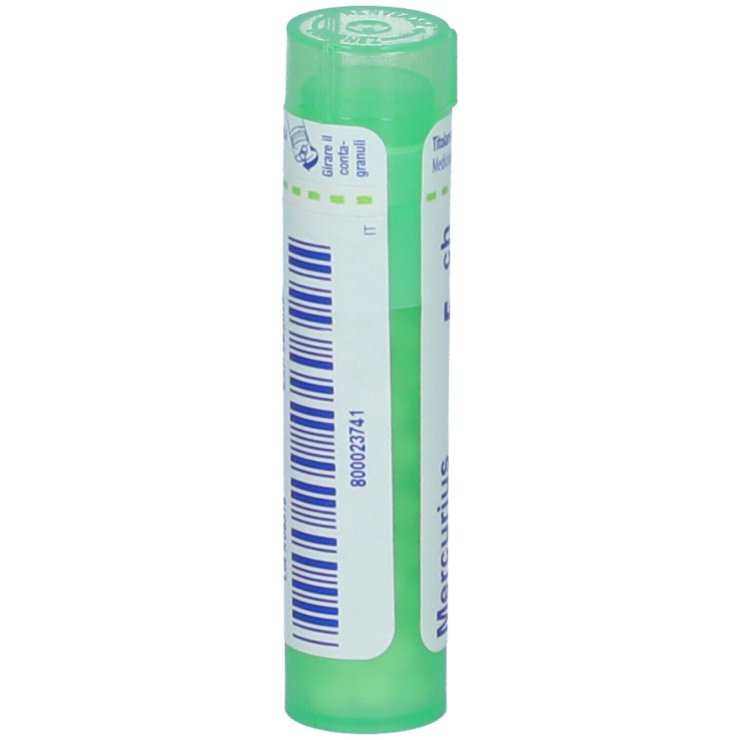 Tubo verde con etichetta bianca. Scritta: Mercurius. Codice 800023741. Marchio BOIRON.