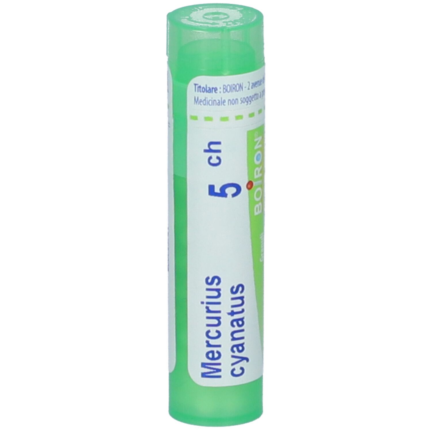 Tubo verde con etichetta bianca. Scritta: Mercurius cyanatus 5 ch. Marchio BOIRON.