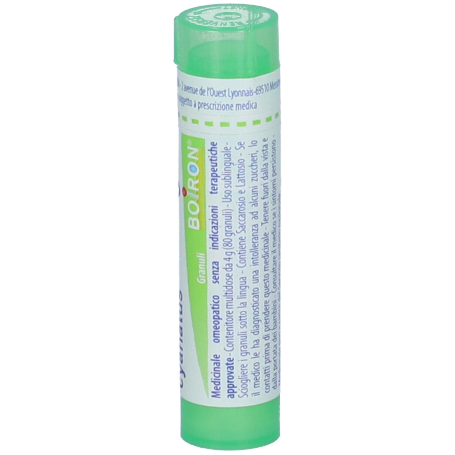 Tubo verde con etichetta bianca. Scritta: Mercurius cyanatus Granuli. Marchio BOIRON.