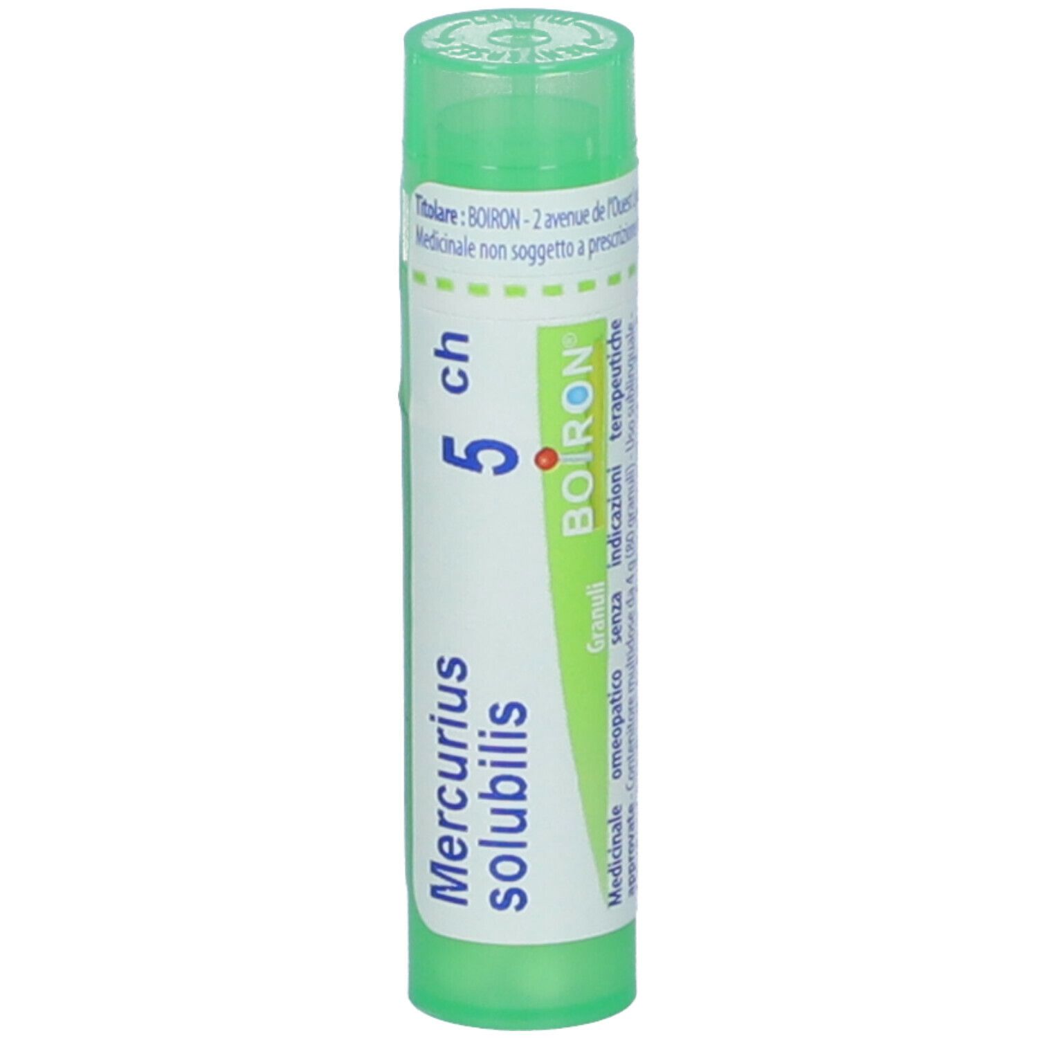 Confezione cilindrica con tappo verde. Scritta: Mercurius solubilis, 5 ch. Etichetta con informazioni, numero di lotto.