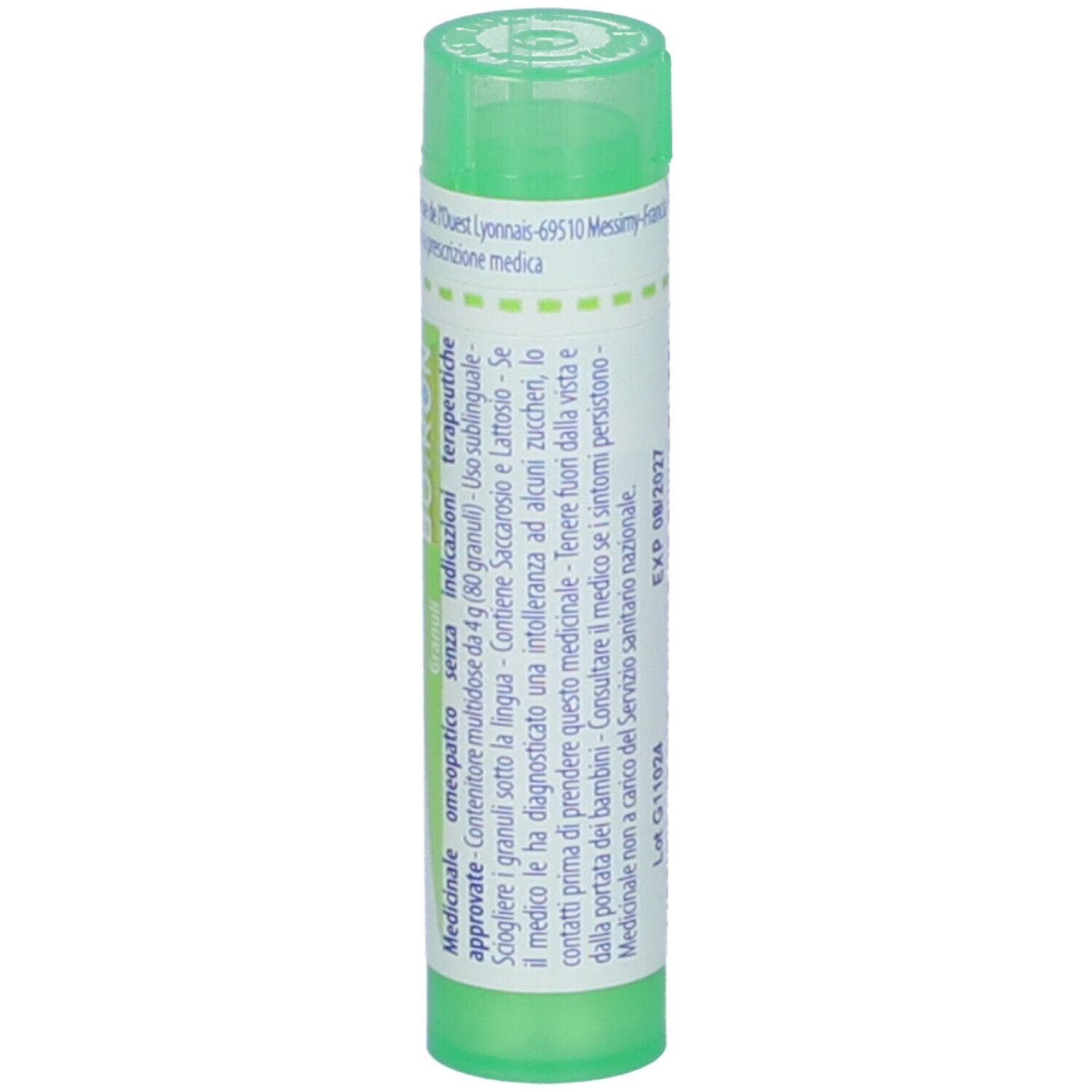 Confezione cilindrica con tappo verde. Scritta: Mercurius solubilis, 5 ch. Etichetta con informazioni, scadenza.