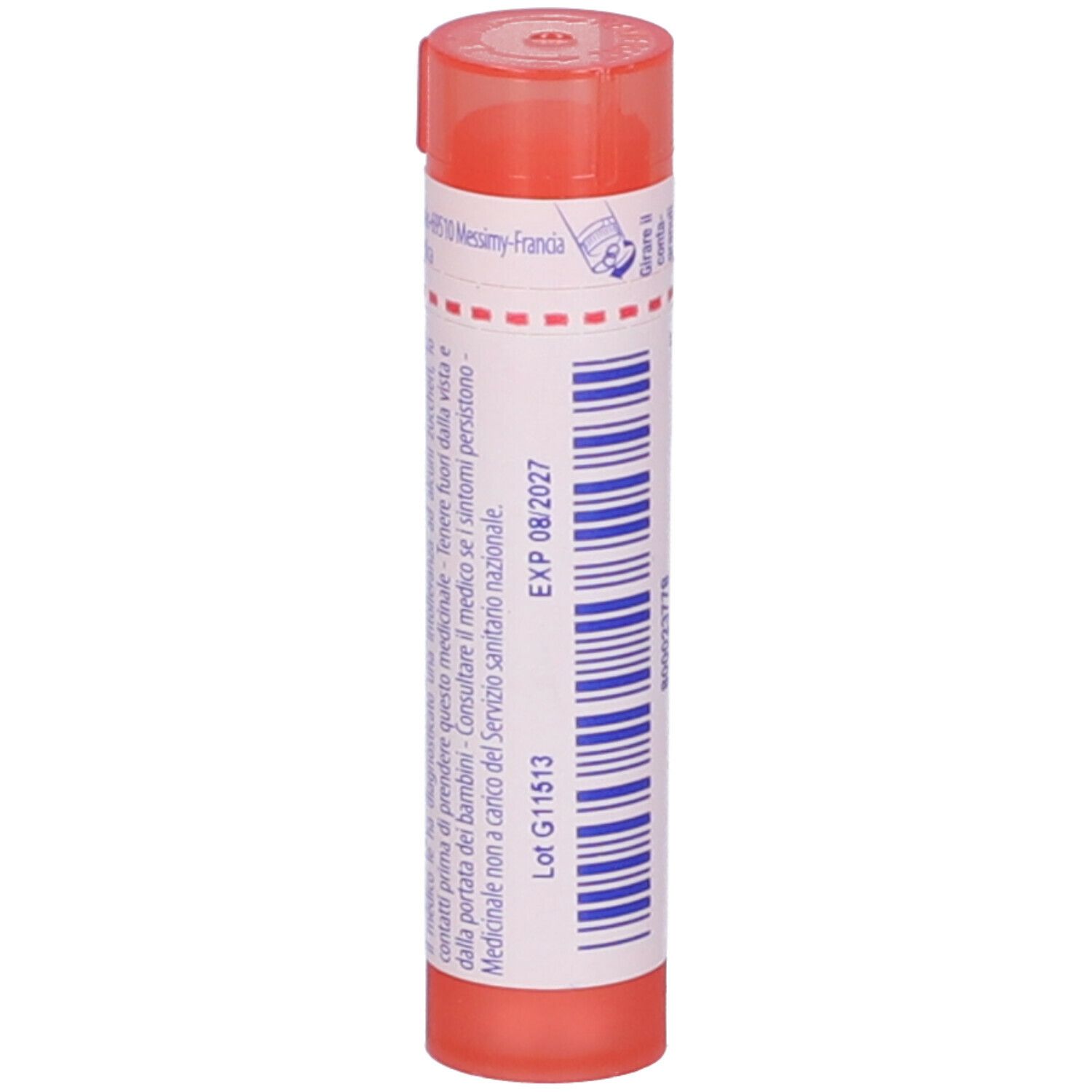 Confezione cilindrica rosa con etichetta bianca. Scritta: EXP 08 2027, e altre informazioni.