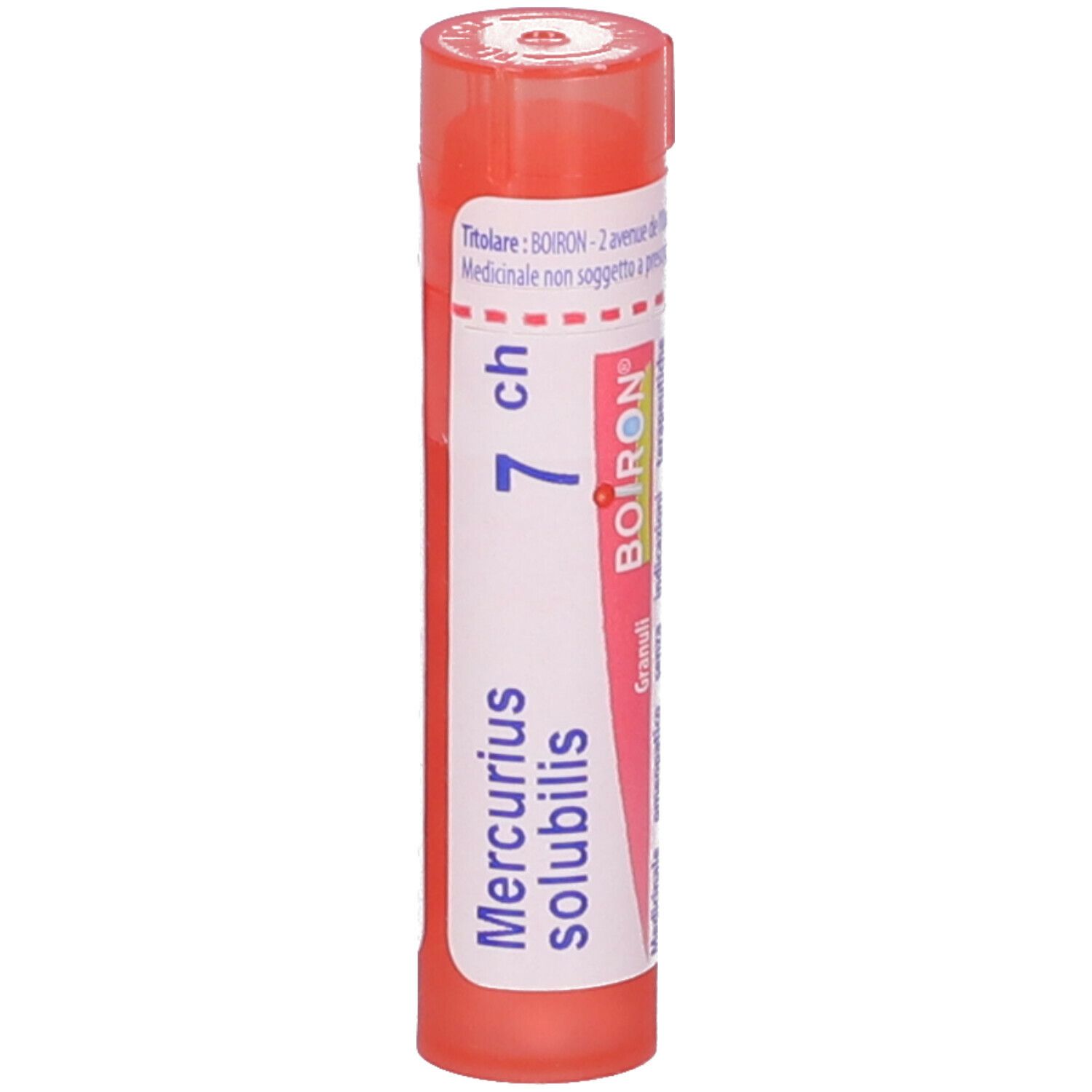 Confezione cilindrica rosa con etichetta bianca. Scritta: Mercurius solubilis 7 ch, BOIRON, Granuli.
