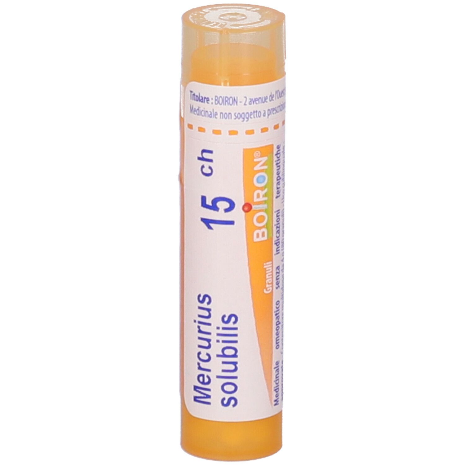 Tubo giallo con scritte bianche. Scritte: Mercurius solubilis, 15 ch, BOIRON, Granuli. Coperchio trasparente.