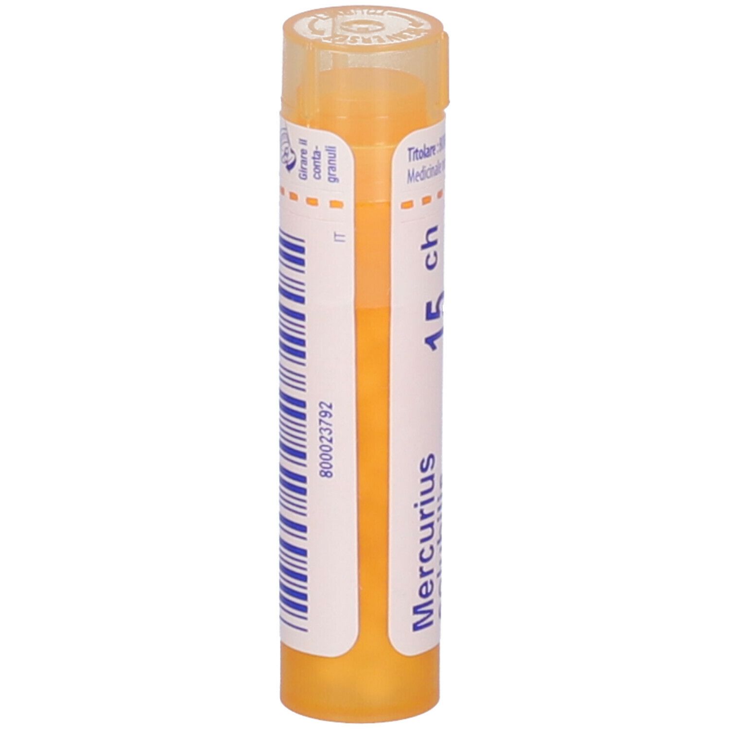 Tubo giallo con scritte bianche e codice a barre. Scritte: Mercurius solubilis, 15 ch, BOIRON, Granuli.