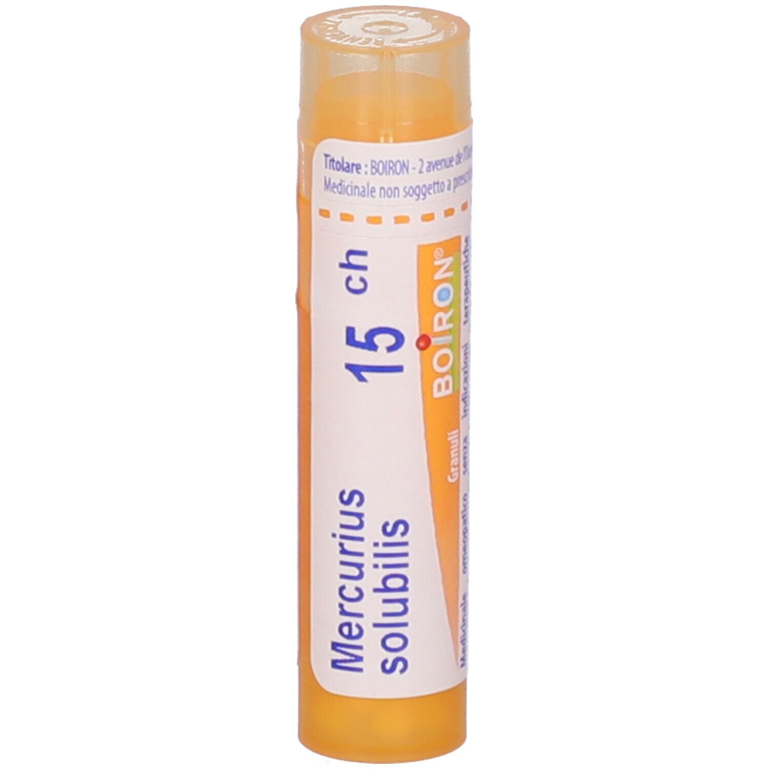 Tubo giallo con scritte bianche. Scritte: Mercurius solubilis, 15 ch, BOIRON, Granuli. Coperchio trasparente.