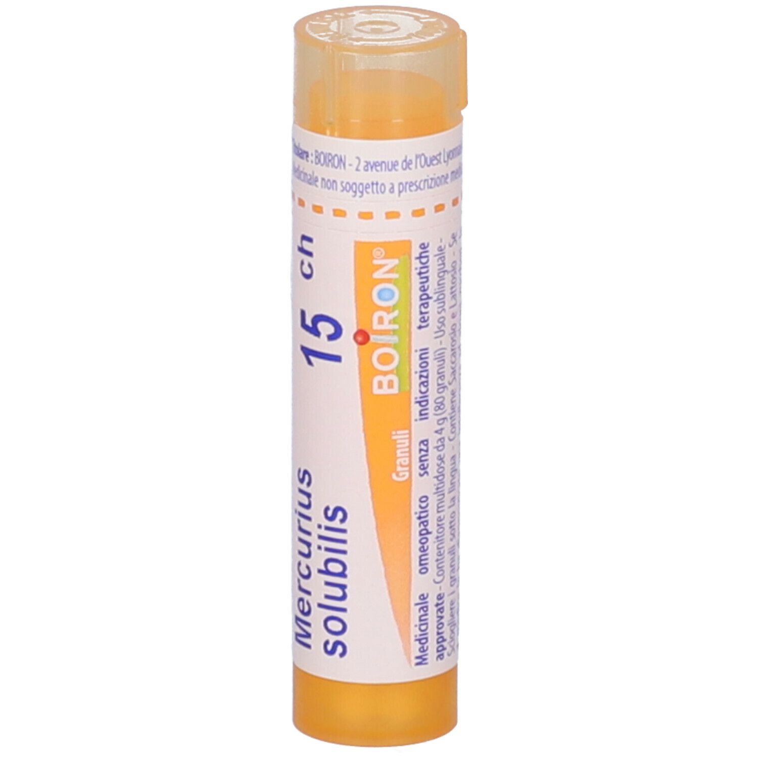 Tubo giallo con scritte bianche. Scritte: Mercurius solubilis, 15 ch, BOIRON, Granuli. Coperchio trasparente.