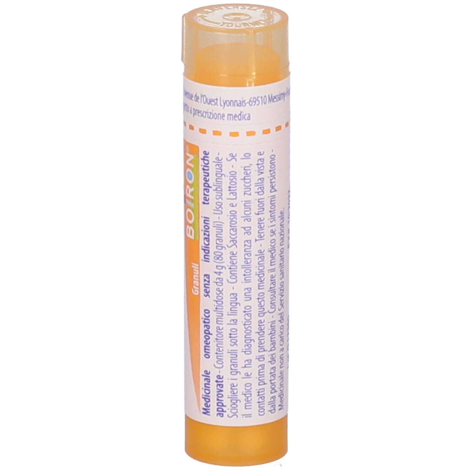 Tubo giallo con scritte bianche. Scritte: Mercurius solubilis, 15 ch, BOIRON, Granuli. Coperchio trasparente.