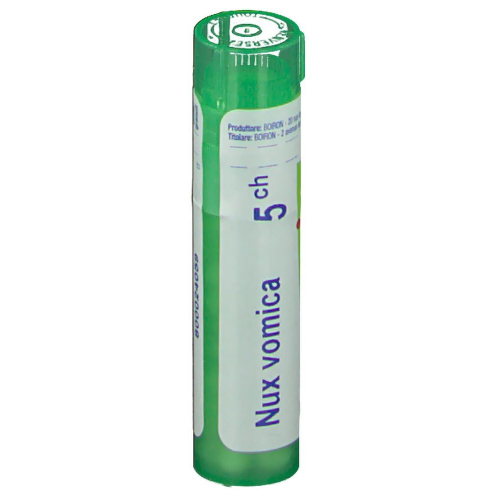 Confezione cilindrica verde e bianca. Scritta Nux vomica 5 ch. Indicazioni mediche in italiano.