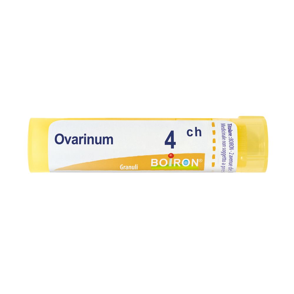 Tubo giallo con etichetta bianca. Scritta: Ovarinum 4 ch, Granuli, BOIRON. Confezione del prodotto.