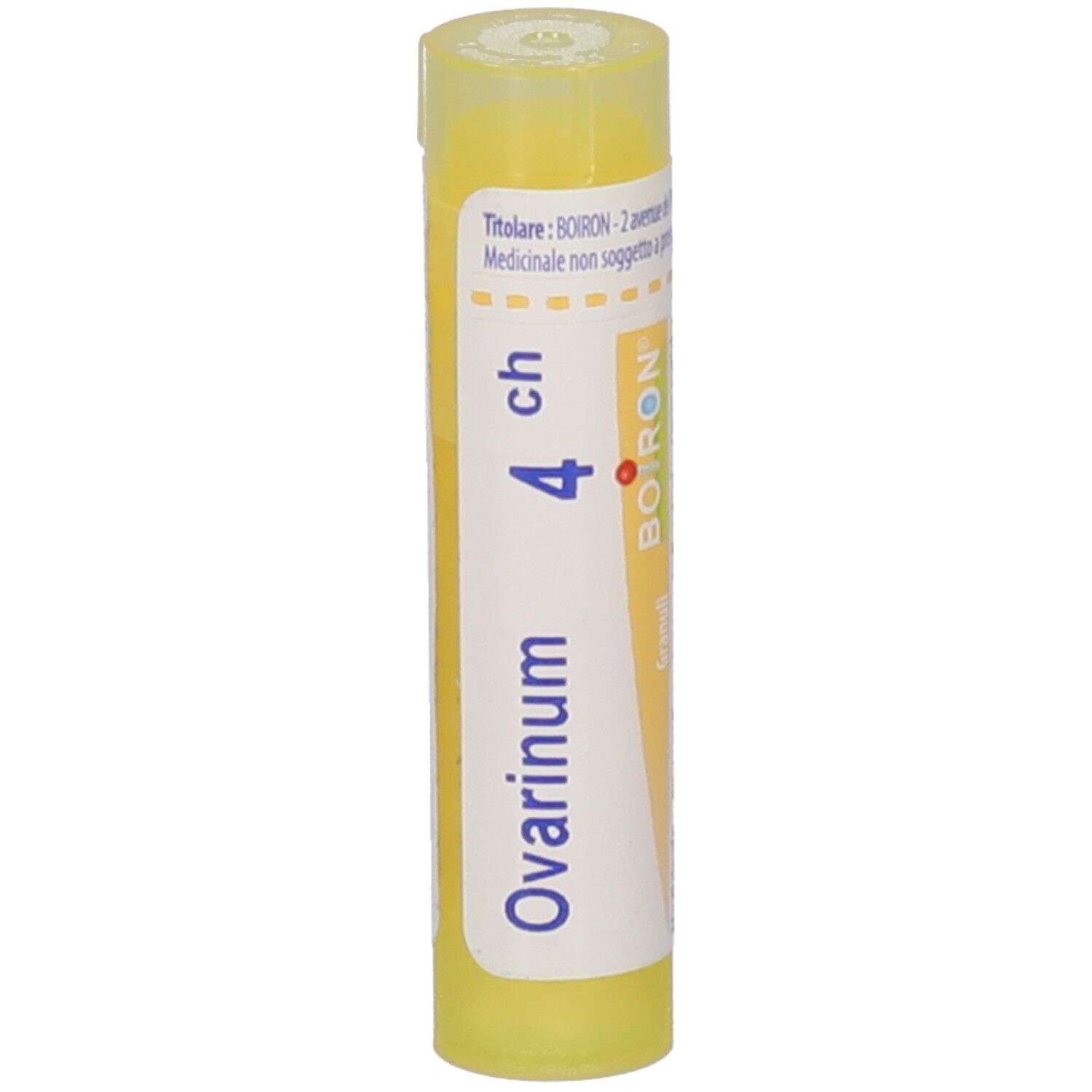 Tubo giallo con etichetta bianca. Scritta: Ovarinum 4 ch, BOIRON. Confezione del prodotto.